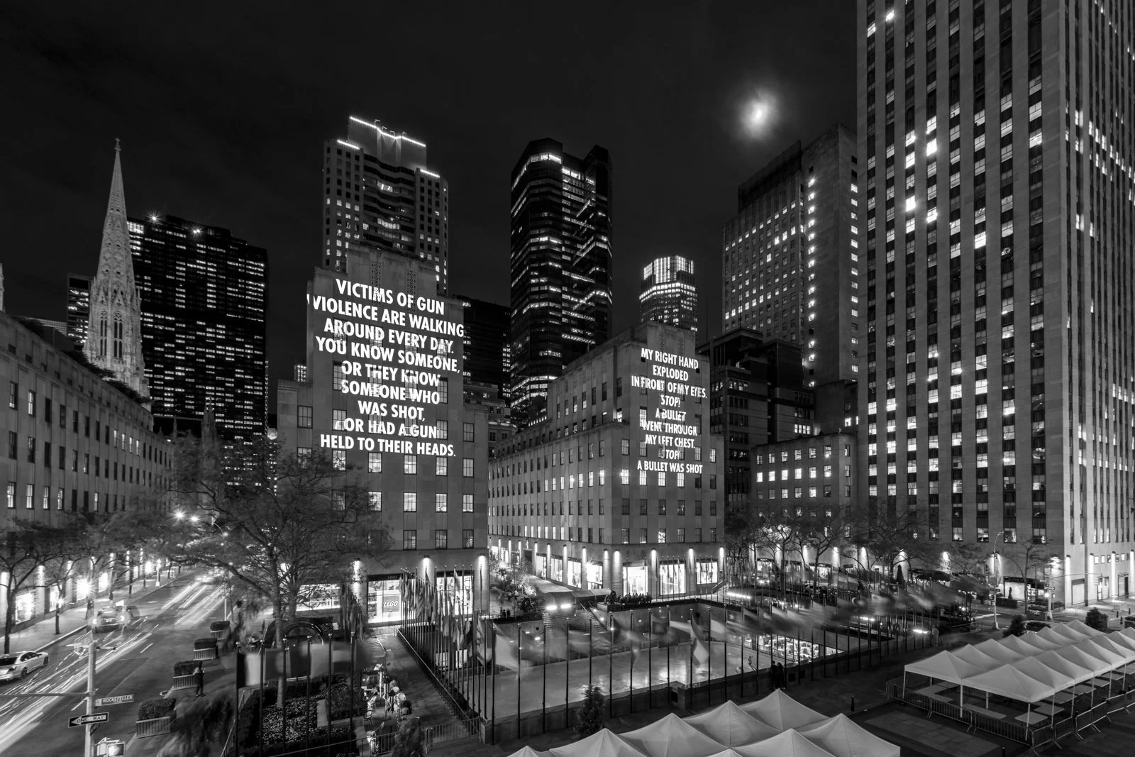 VIGIL, 2019
Light projection
Rockefeller Center, New York
Text: Cheryl Stumbo quoted in “Cheryl Stumbo: Speaking for the victims” by Nicole Brodeur, © 2013 by the author, from The Seattle Times, January 27, 2013, and testimony by Cheryl Stumbo, © 201