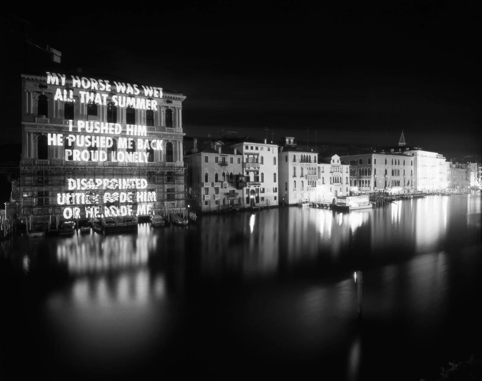 Site: Palazzo Corner della Ca’ Granda, Venice, Italy
September 2–6, 2003
Text: “Blur” from Middle Earth by Henri Cole, copyright © 2003 by the author. Used by/reprinted with permission from Farrar, Straus and Giroux, LLC.
Projection: FX Productions; 