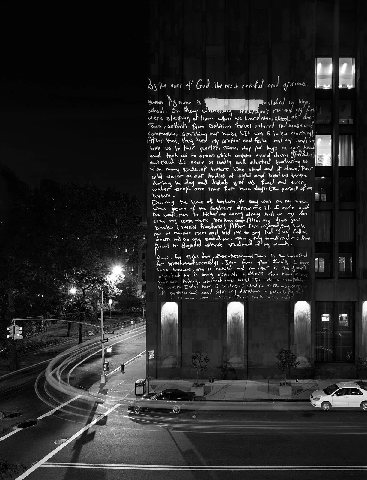 Site: Elmer Holmes Bobst Library, New York University, New York
October 3–5, 2005
Text: U.S. government document
Projection: FX Productions; Charles Passarelli
Photo: Attilio Maranzano
Presented by Creative Time