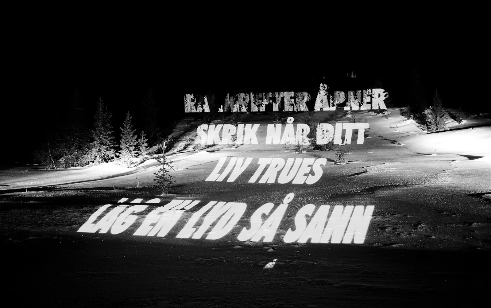 Site: Lysgårdsbakkene, Lillehammer, Norway
February 5, 2000
Text: Inflammatory Essays, 1979-82
Projection: Charles Passarelli
Photo: Steinar Myhre