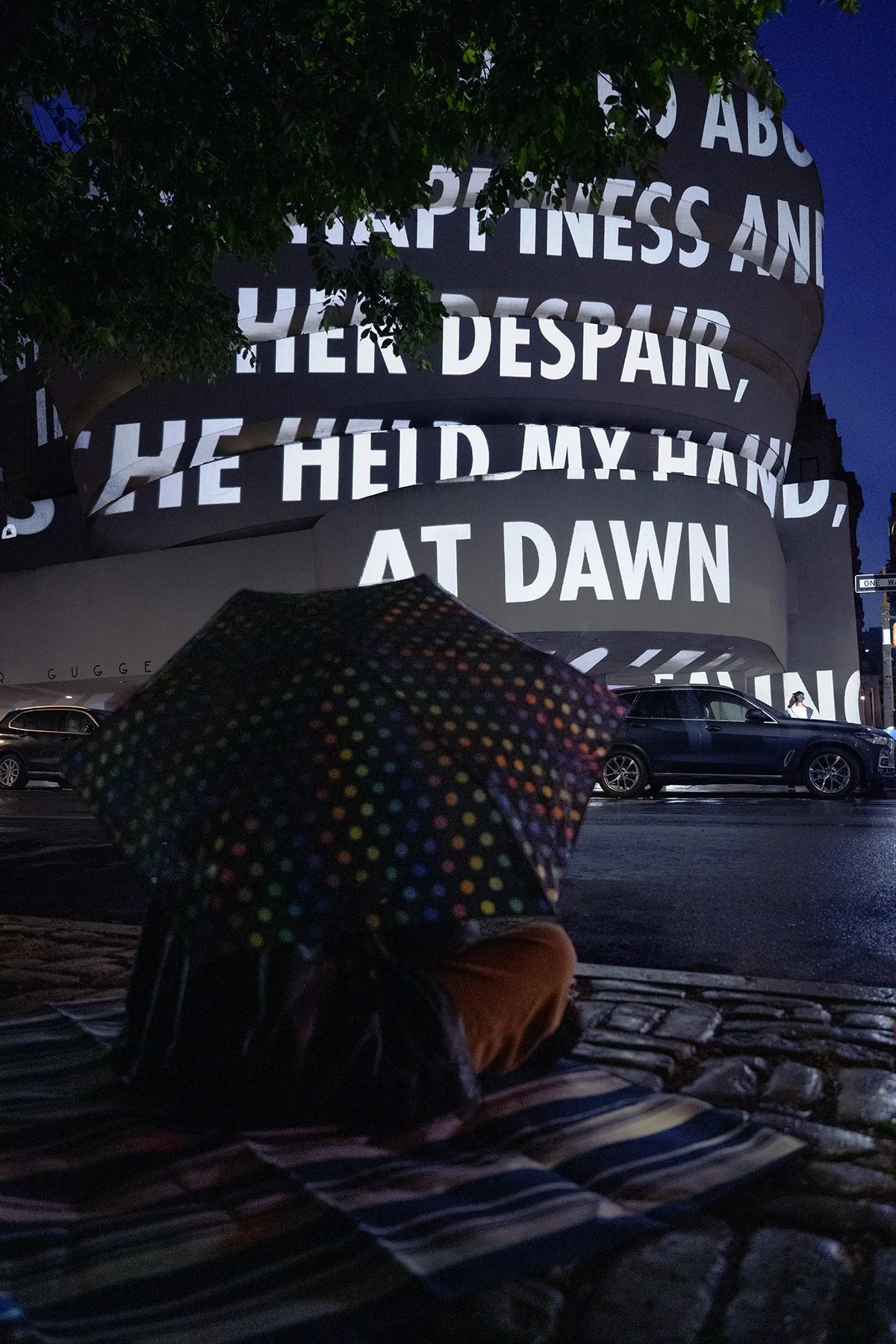 For The Guggenheim, 2008/2024
Light projection
Solomon R. Guggenheim Museum, New York
Text: “Hair like a Waterfall” from Building the Barricade by Anna Świrszczyńska, English translation by Piotr Florczyk, © 2016 by Ludmiła Adamska-Orłowska and the t