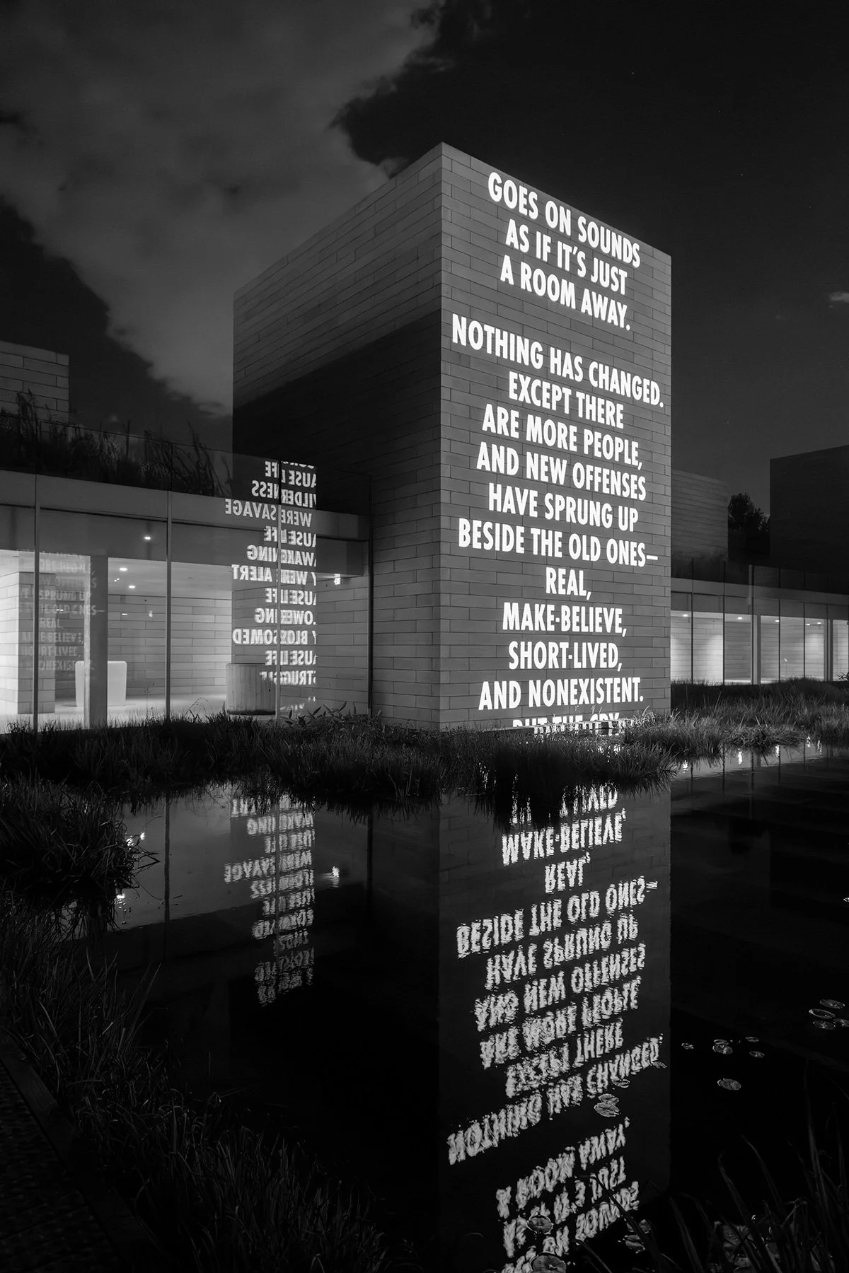 what you love, 2025
Light Projection
Glenstone Museum, Potomac, Maryland, USA
Text: “Tortures” from Map: Collected and Last Poems by Wisława Szymborska, © 1993 by the Wisława Szymborska Foundation, www.szymborska.org.pl. English translation by Stanis