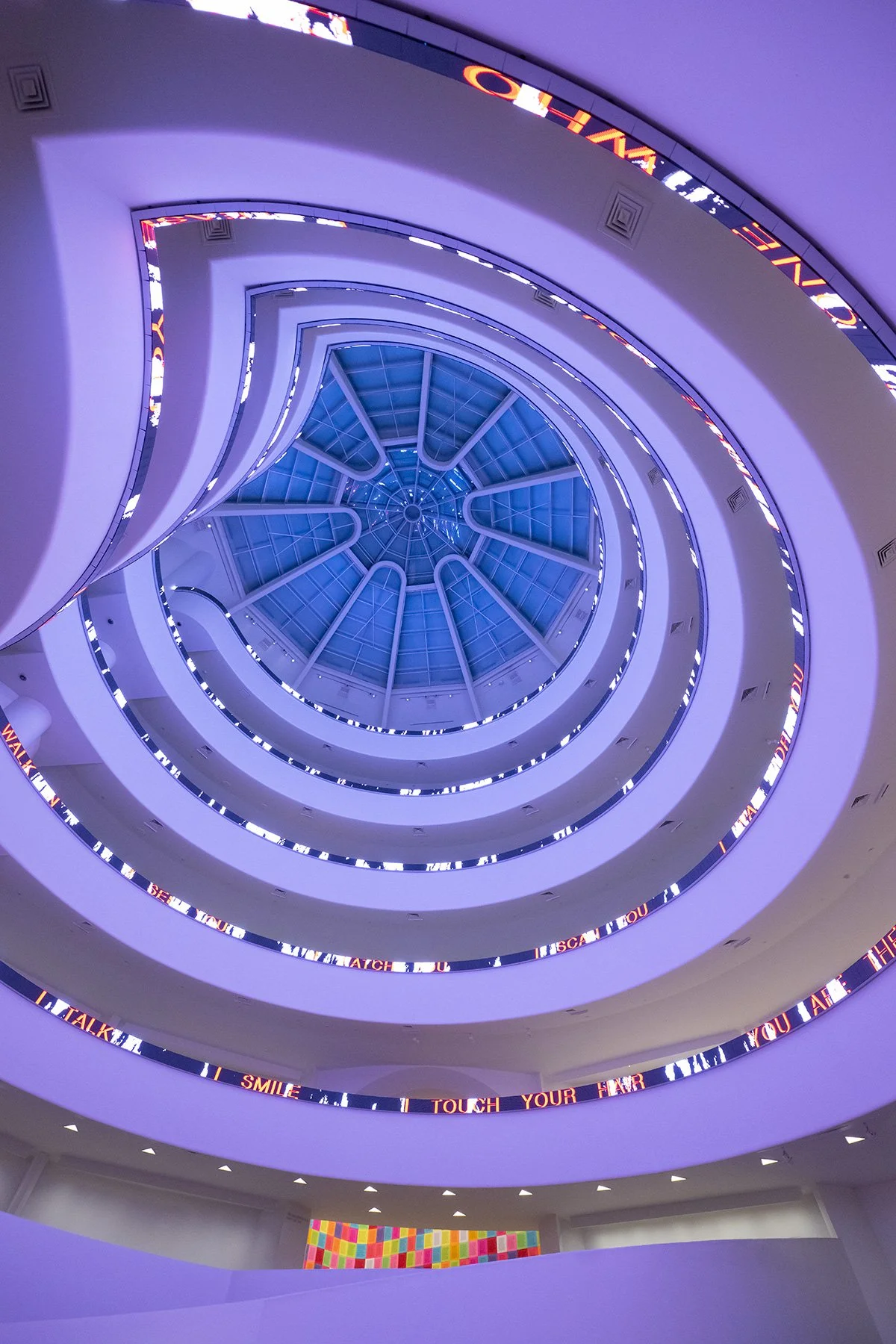Installation for the Solomon R. Guggenheim Museum, 1989/2024
LED with blue, green, & red diodes
16.375 x 1944 in. / 41.6 x 4937.8 cm
Text: Arno, 1996
Installation: Jenny Holzer: Light Line, Solomon R. Guggenheim Museum, New York, 2024
© 2024 Jenny Ho