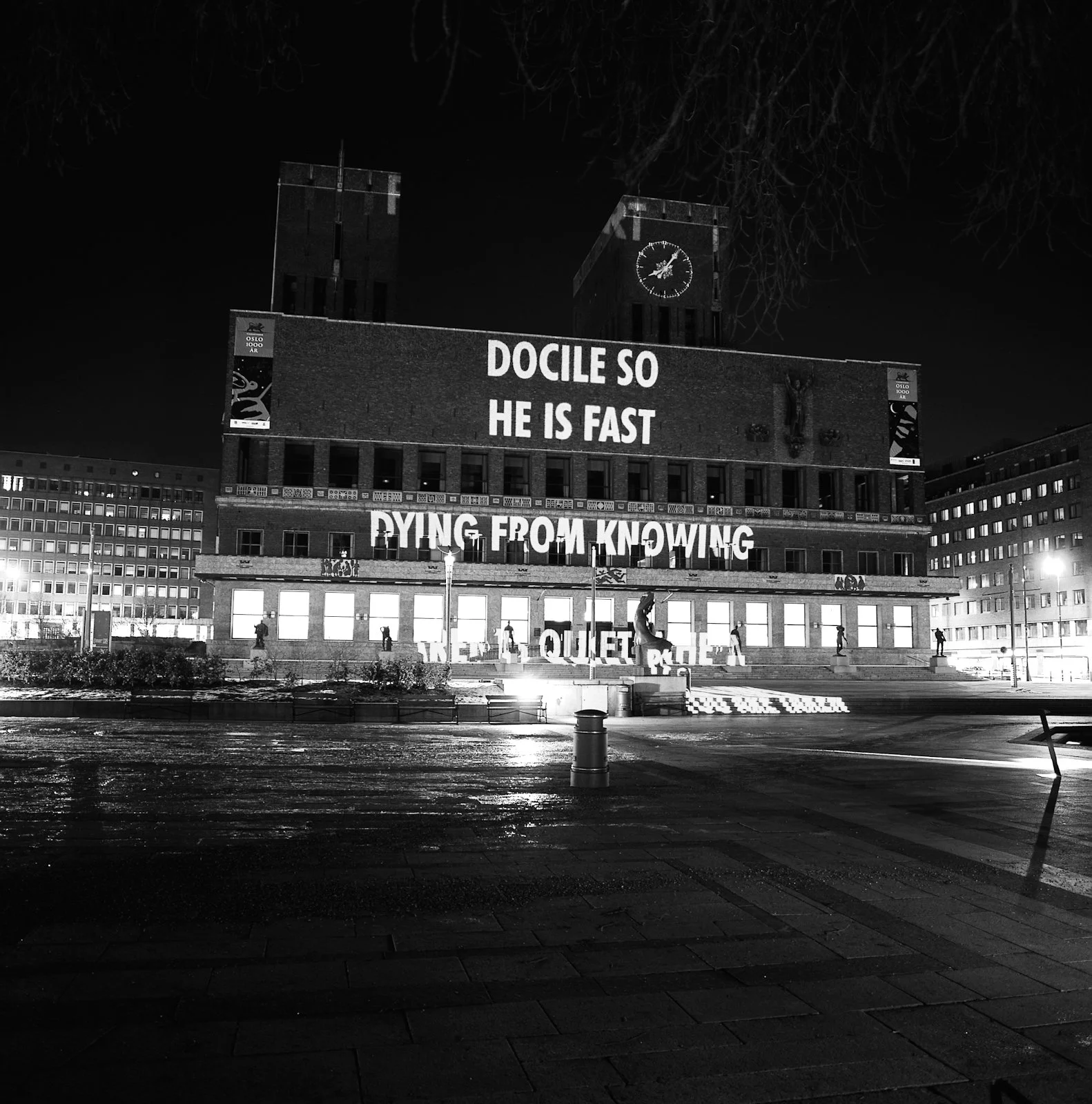 Site: Oslo City Hall, Oslo, Norway
January 28–30 and February 11–13, 2000
Text: Erlauf, 1995
Projection: Charles Passarelli
Photo: Steinar Myhre