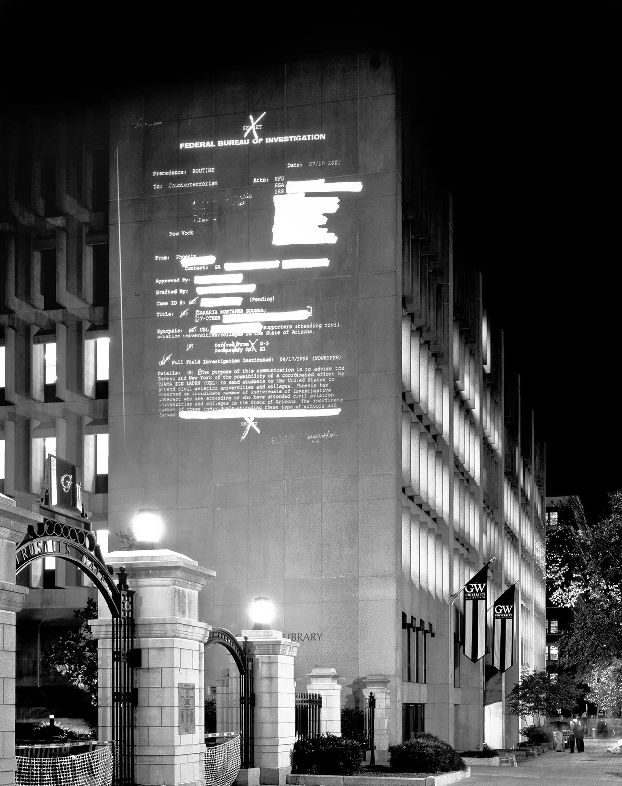 Site: Gelman Library, George Washington University, Washington, DC
October 30–31, 2004
Text: U.S. government document
Projection: FX Productions; Charles Passarelli
Photo: Attilio Maranzano