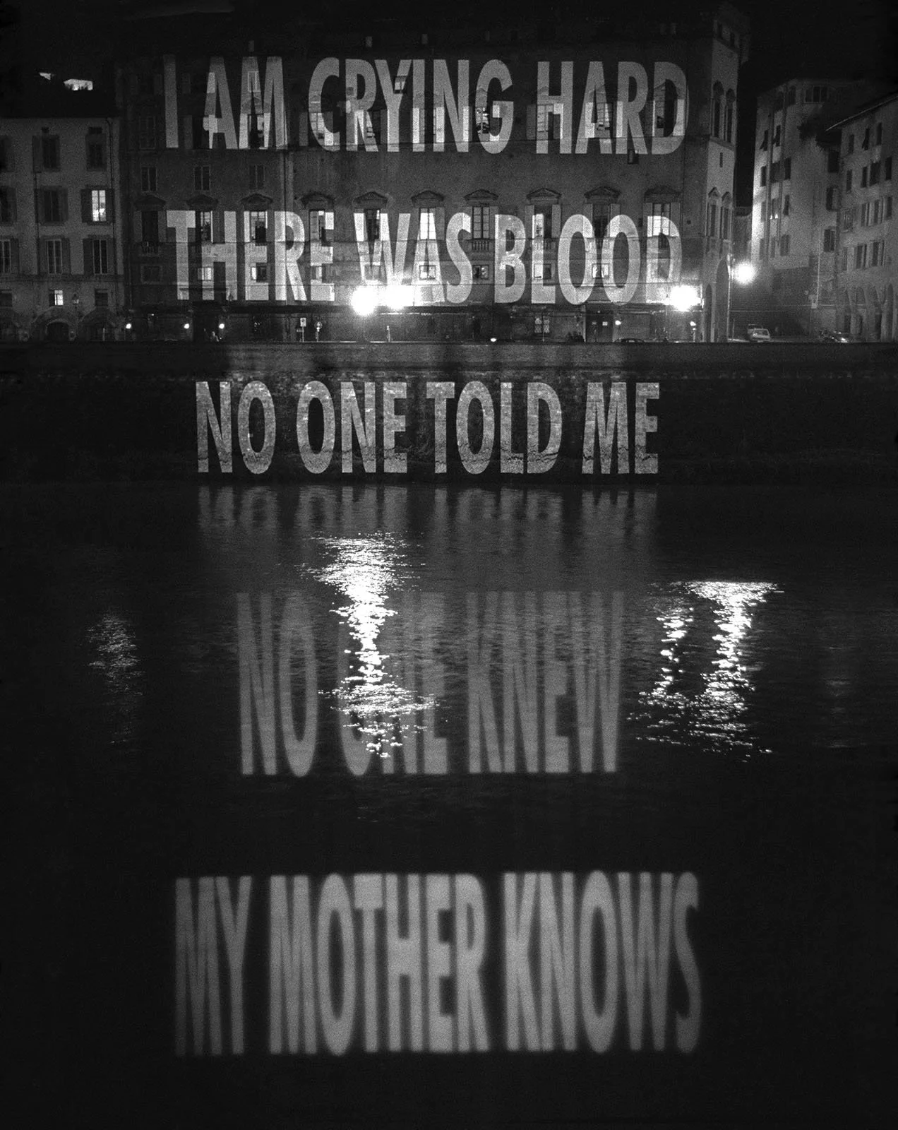 Site: Arno River, Palazzo Tempi, Via de’ Bardi, Florence, Italy
September 20-22, 1996
Text: Arno, 1996
Projection: Skypictures; Aubert Lee
Photo: Attilio Maranzano