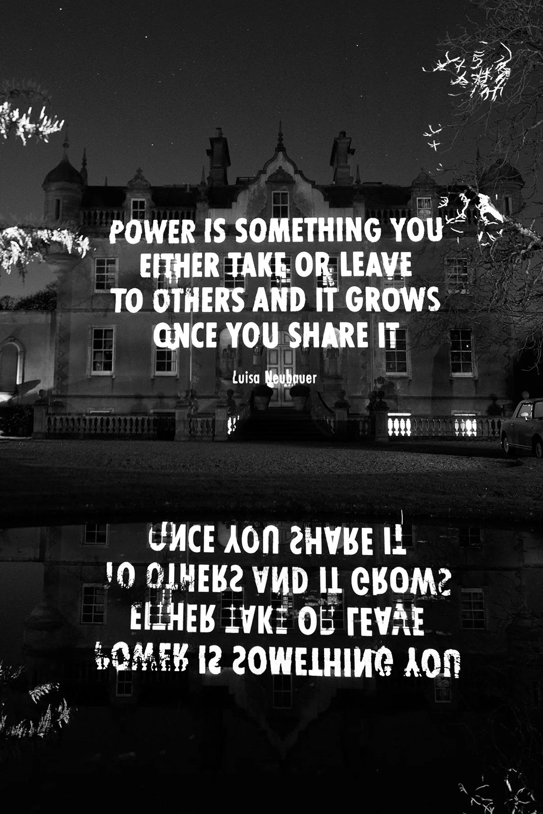 HURT EARTH, 2021
Light projection
Bonnington House, Edinburgh, Scotland
Text: Luisa Neubauer, “Why You Should Be a Climate Activist,”TEDxYouth@München, July 2019. Used with permission ofLuisa Neubauer.
© 2021 Jenny Holzer, member Artists Rights Socie