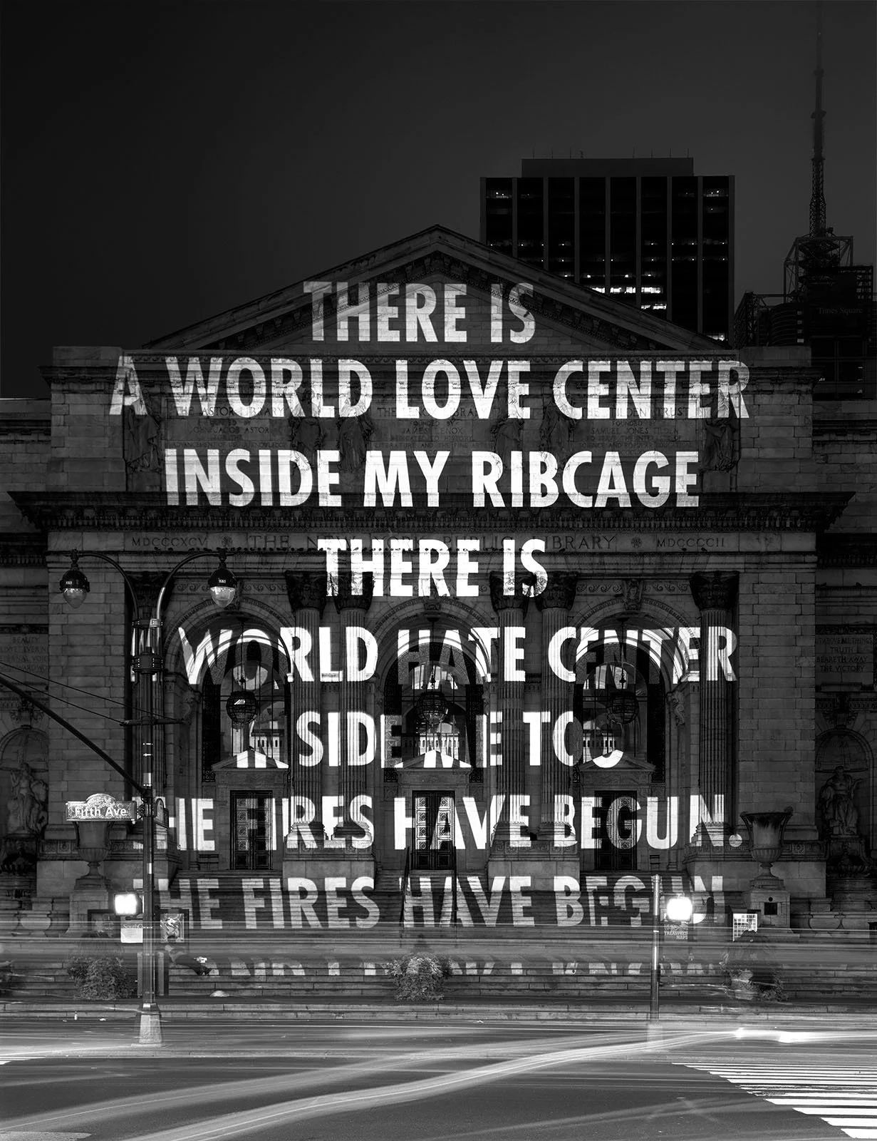 Site: New York Public Library, New York
October 6–9, 2005
Text: “The Fires Have Begun” from E-mails from Scheherazad by Mohja Kahf, copyright © 2003 by the author. Used/reprinted with permission of the University Press of Florida and the author.
Proj