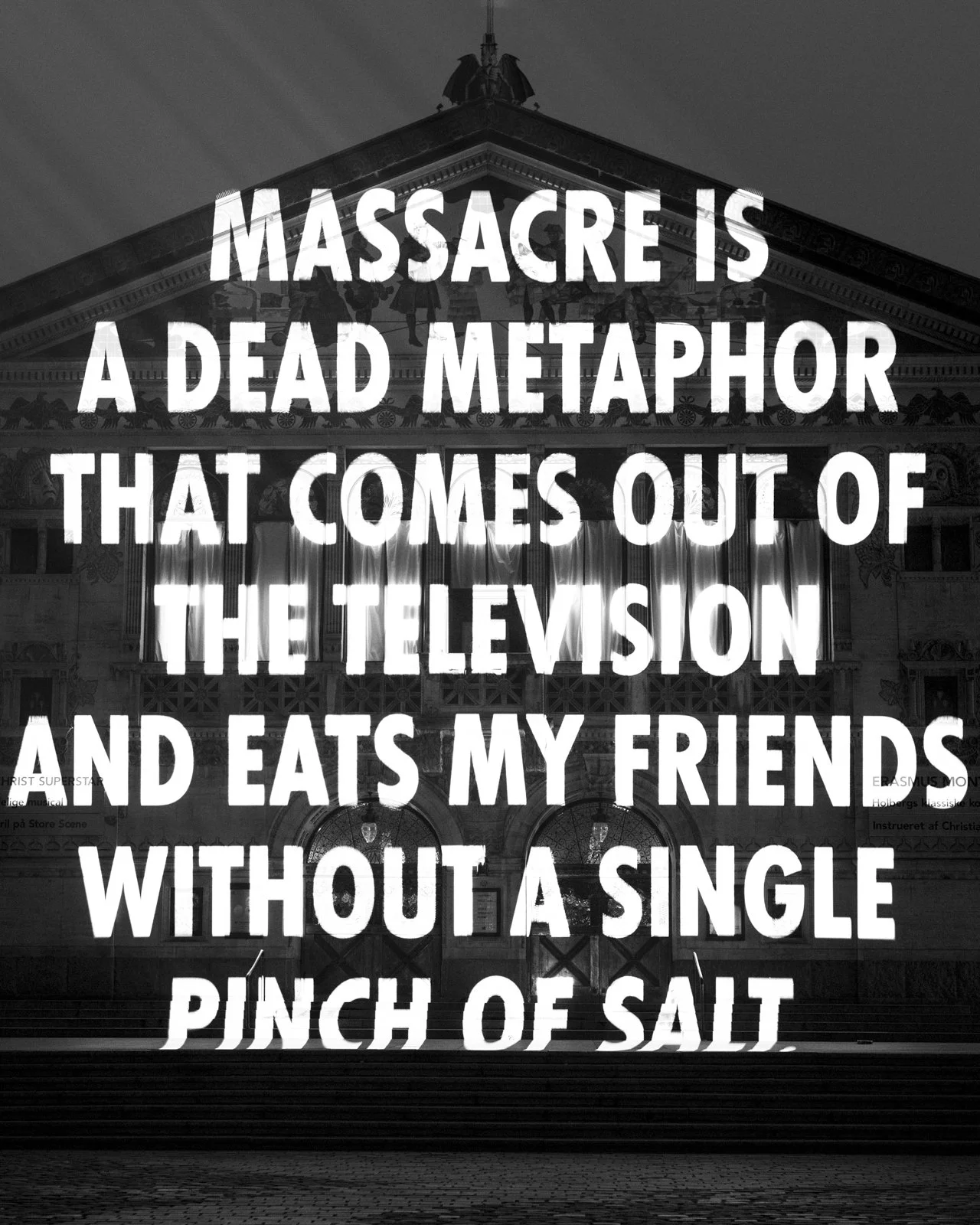 Site: Aarhus Theatre, Aarhus, Denmark
February 25 – March 6, 2017
Text: “Massacre” from ADRENALINE by Ghayath Almadhoun, © 2017 by the author. English translation by Catherine Cobham, © 2017. Used with permission of the author and translator.
Photo: 
