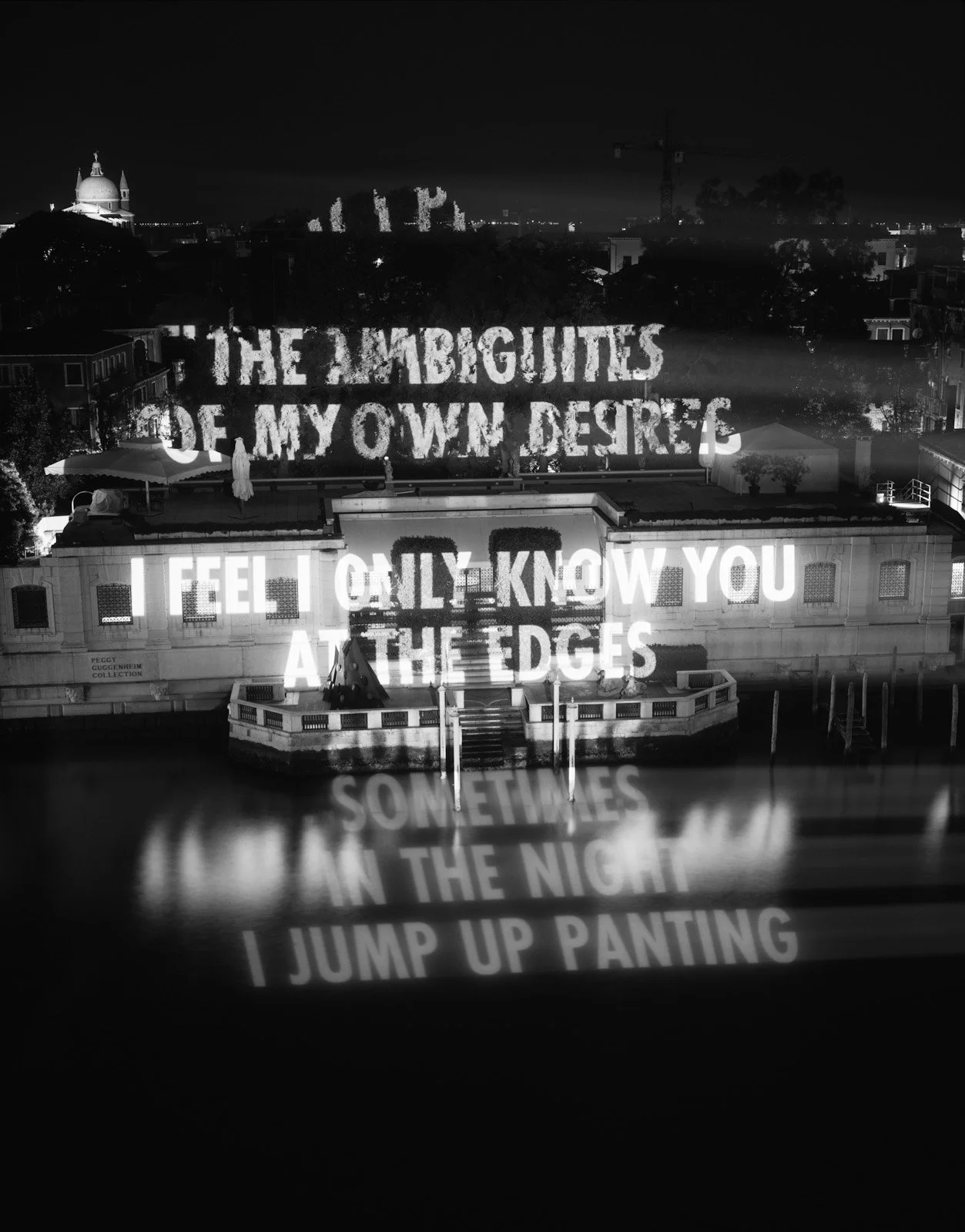 Site: Peggy Guggenheim Collection, Venice, Italy
September 2–6, 2003
Text: “Blur” from Middle Earth by Henri Cole, copyright © 2003 by the author. Used by/reprinted with permission from Farrar, Straus and Giroux, LLC.
Projection: FX Productions; Char