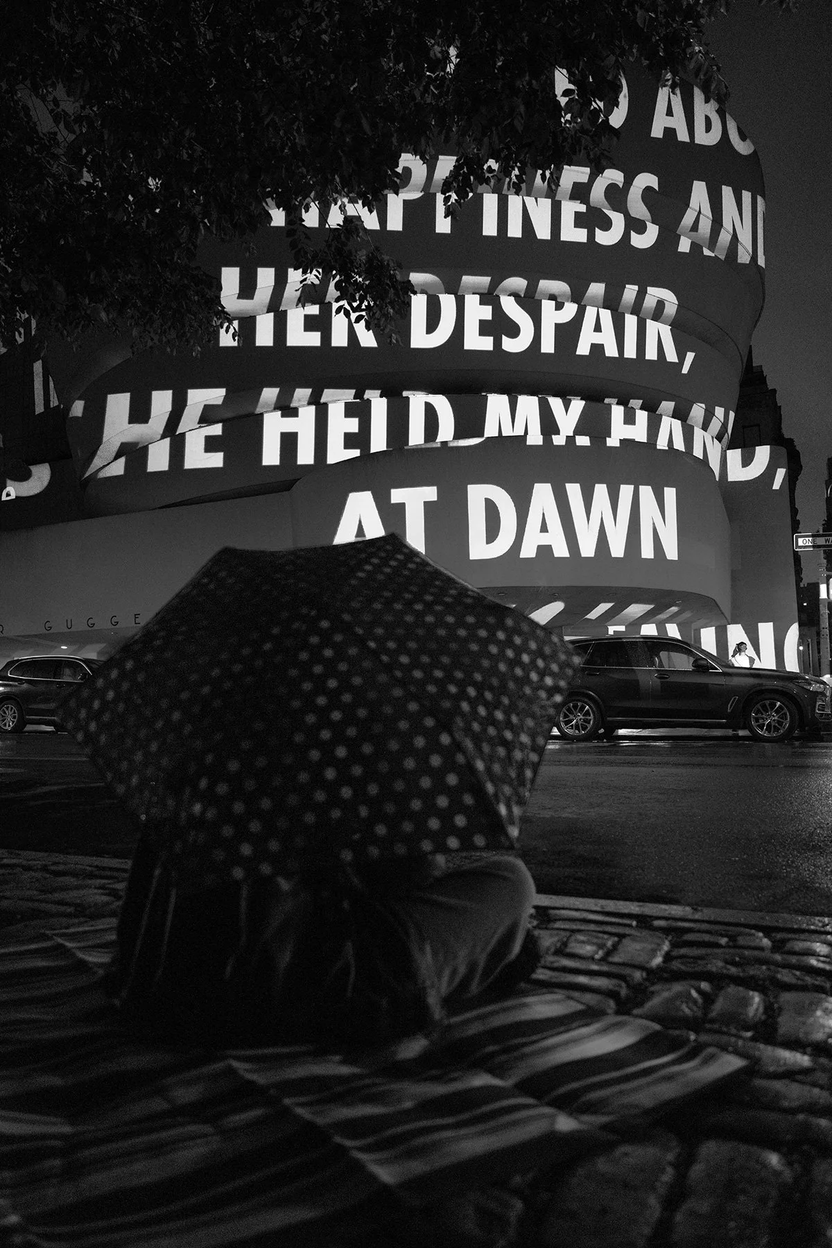 For The Guggenheim, 2008/2024
Light projection
Solomon R. Guggenheim Museum, New York
Text: “Hair like a Waterfall” from Building the Barricade by Anna Świrszczyńska, English translation by Piotr Florczyk, © 2016 by Ludmiła Adamska-Orłowska and the t