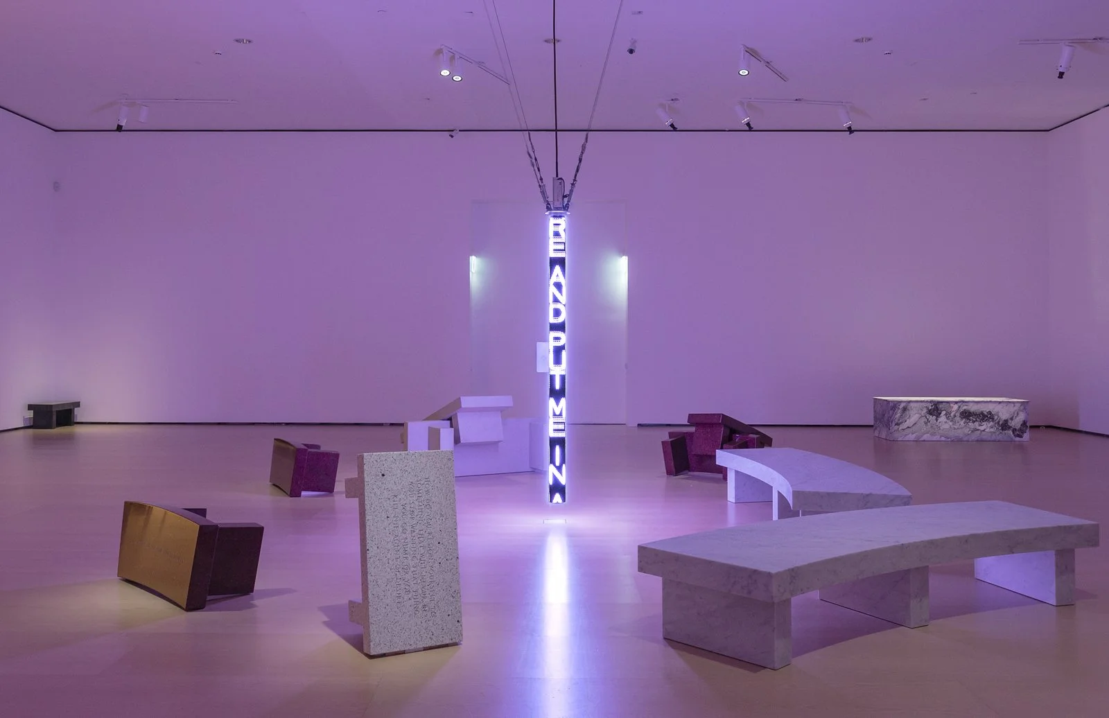 THERE WAS A WAR, 2018
LED sign with blue, green, & red diodes
90 x 5.5 x 5.5 in. / 228.6 x 14 x 14 cm
Text: Interviews conducted by Save the Children (STC) in Jordan, from case studies, © 2012–16 by STC. Used with permission of STC. All names have be