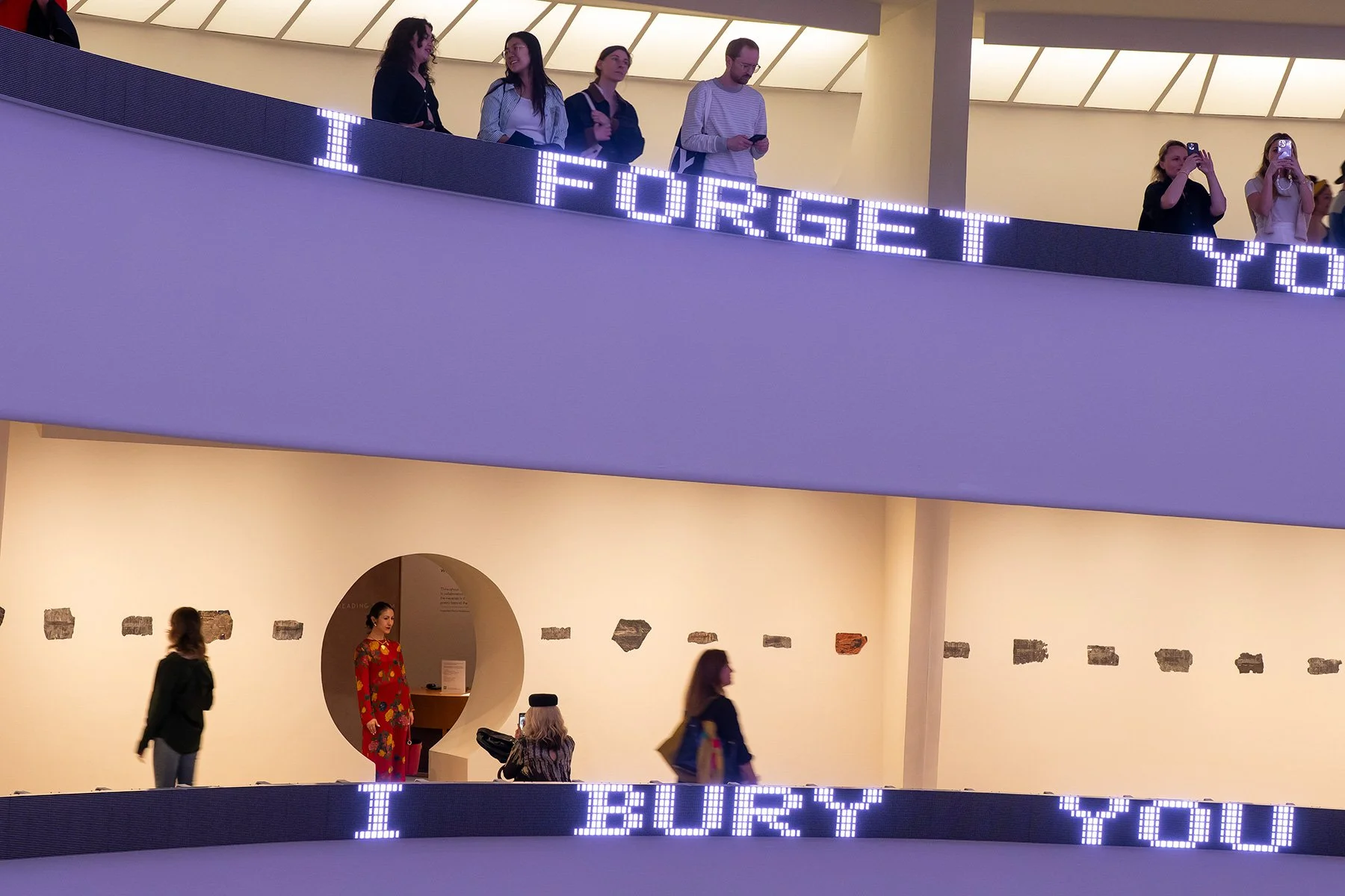 Installation for the Solomon R. Guggenheim Museum, 1989/2024
LED sign with blue, green, & red diodes
16.375 x 1944 in. / 41.6 x 4937.8 cm
Text: Arno, 1996
Installation: Jenny Holzer: Light Line, Solomon R. Guggenheim Museum, New York, 2024
© 2024 Jen