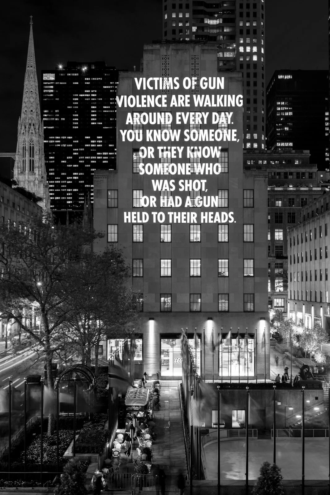 VIGIL, 2019
Light projection
Rockefeller Center, New York
Testimony by Cheryl Stumbo, copyright © 2019 by the author. Used with her permission, from the Moments that Survive website of everytown.org, September 20, 2019.
Presented by Creative Time
© 2