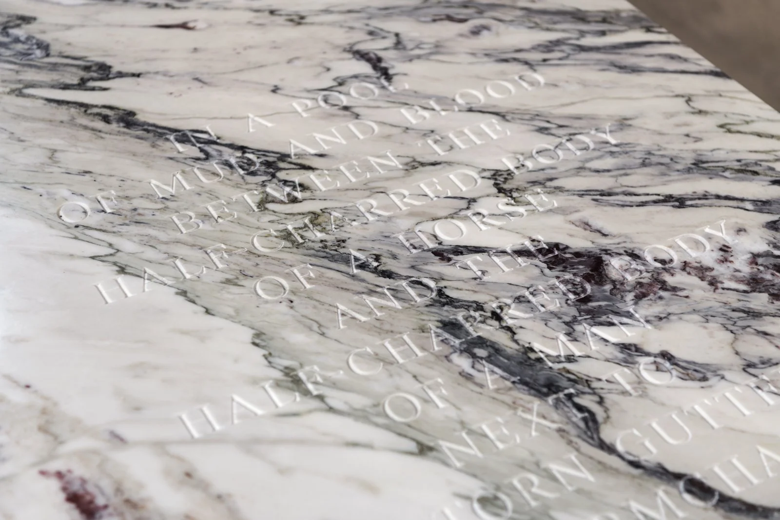 STILL LIFE, 2017 (detail)
Installation: SOFTER: Jenny Holzer at Blenheim Palace, Blenheim Palace, Woodstock, England, 2017
September 29–December 31, 2017
Text: “Still Life” from Building the Barricade by Anna Świrszczyńska, English translation by Pio