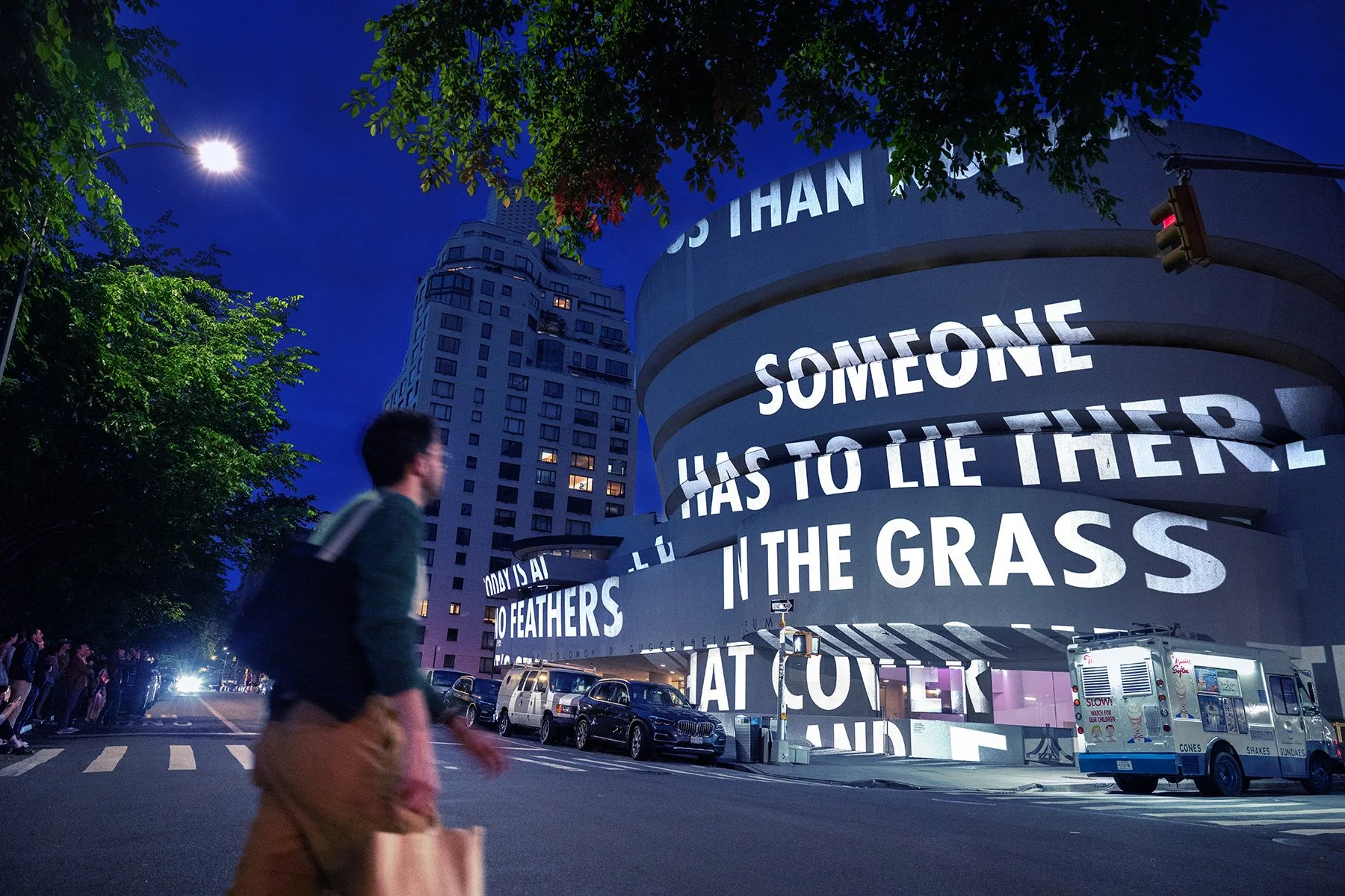 For The Guggenheim, 2008/2024
Light projection
Solomon R. Guggenheim Museum, New York
Text: “The End and the Beginning” from Map: Collected and Last Poems by Wisława Szymborska, © 1993 by the Wisława Szymborska Foundation, www.szymborska.org.pl. Engl