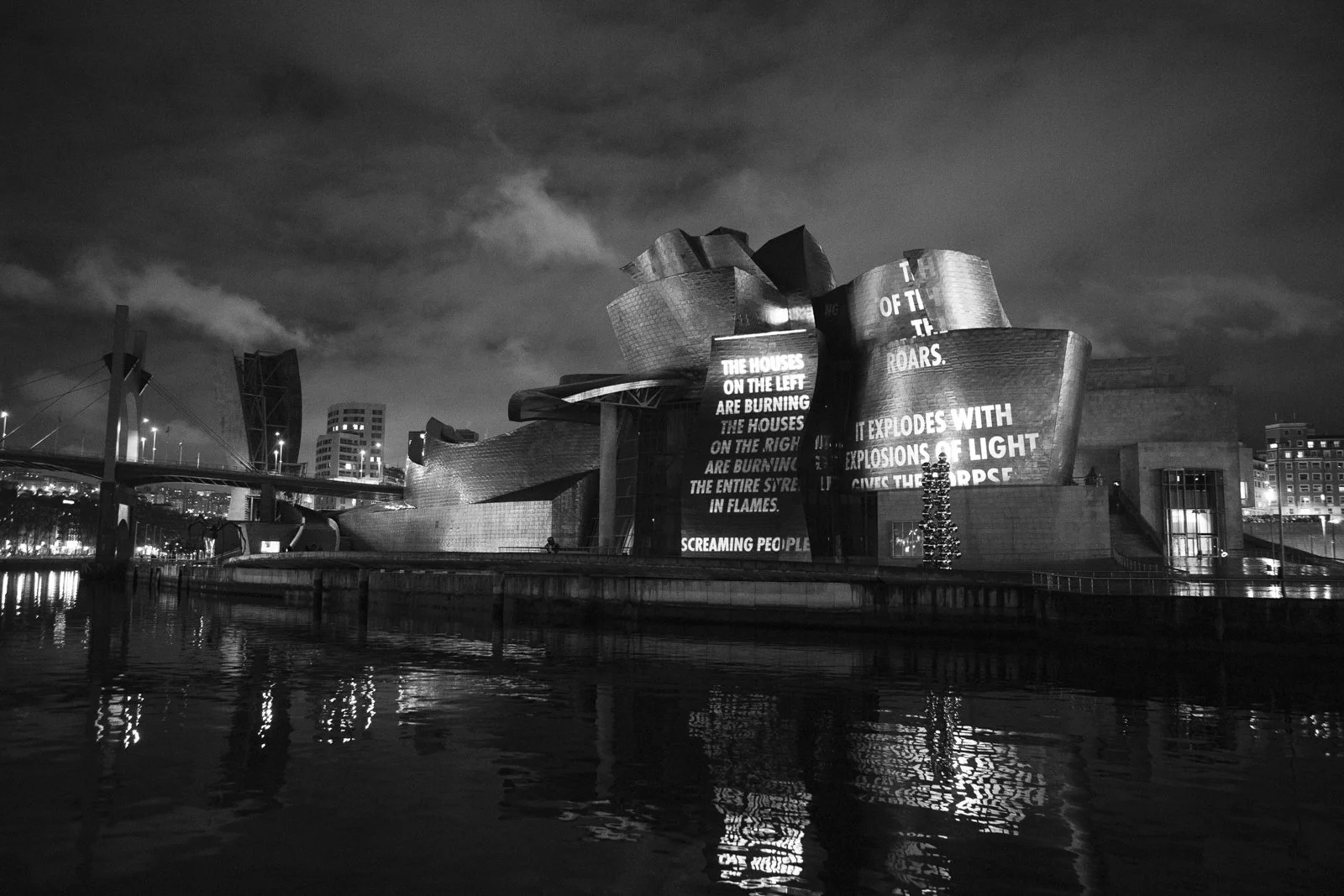 For Bilbao, 2019
Light projection
Museo Guggenheim Bilbao, Spain
Text: “It’s Burning” and “The Fire Roars” from Building the Barricade by Anna Świrszczyńska, English translation by Piotr Florczyk, © 2016 by the translator. Used with permission of Lud