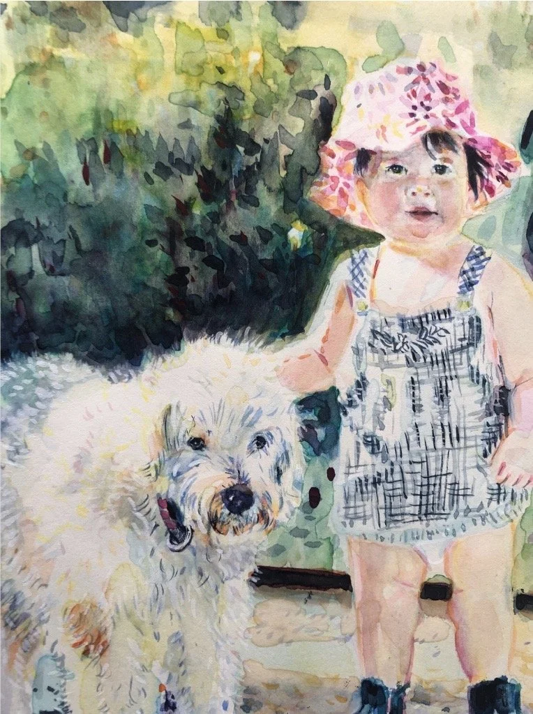 A watercolor painting of a young girl wearing a pink sun hat and a plaid dress standing outside next to a fluffy white dog.