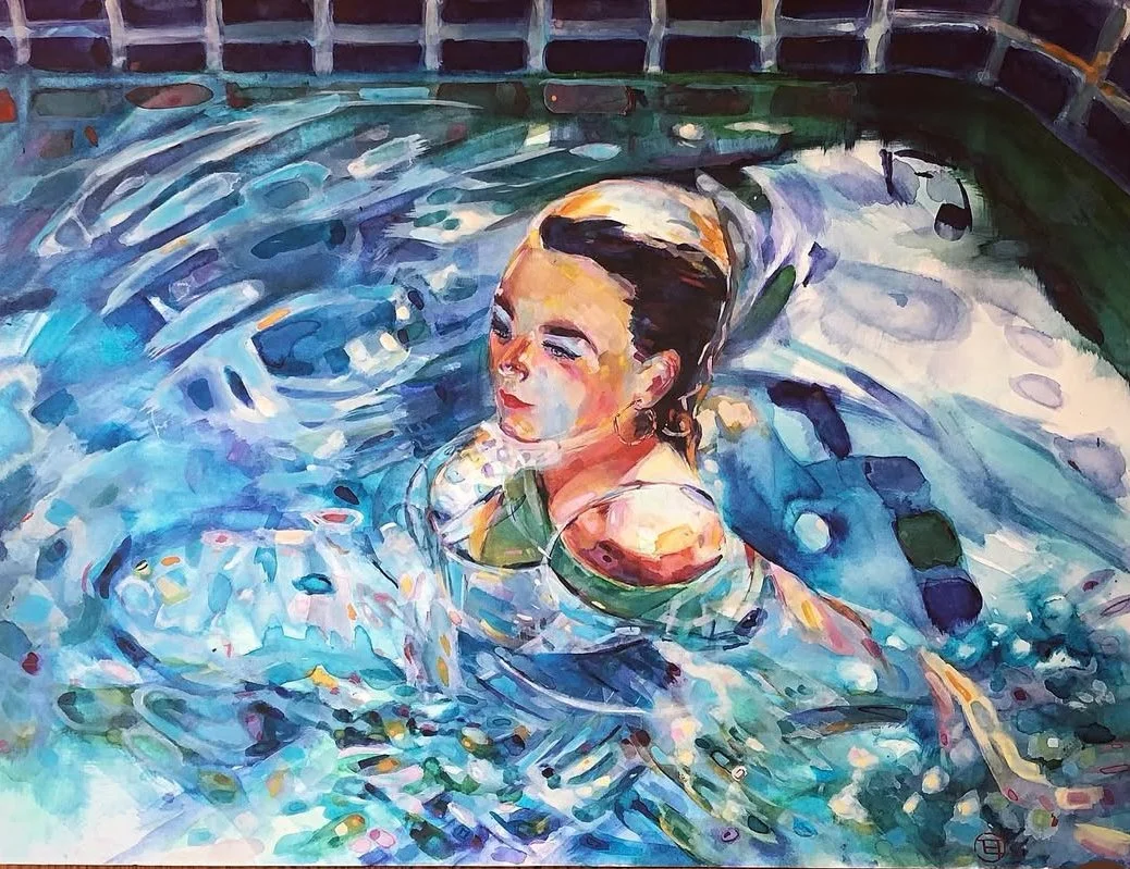 A watercolor painting of a woman with slicked-back hair swimming in a pool, surrounded by ripples and reflections in the water.