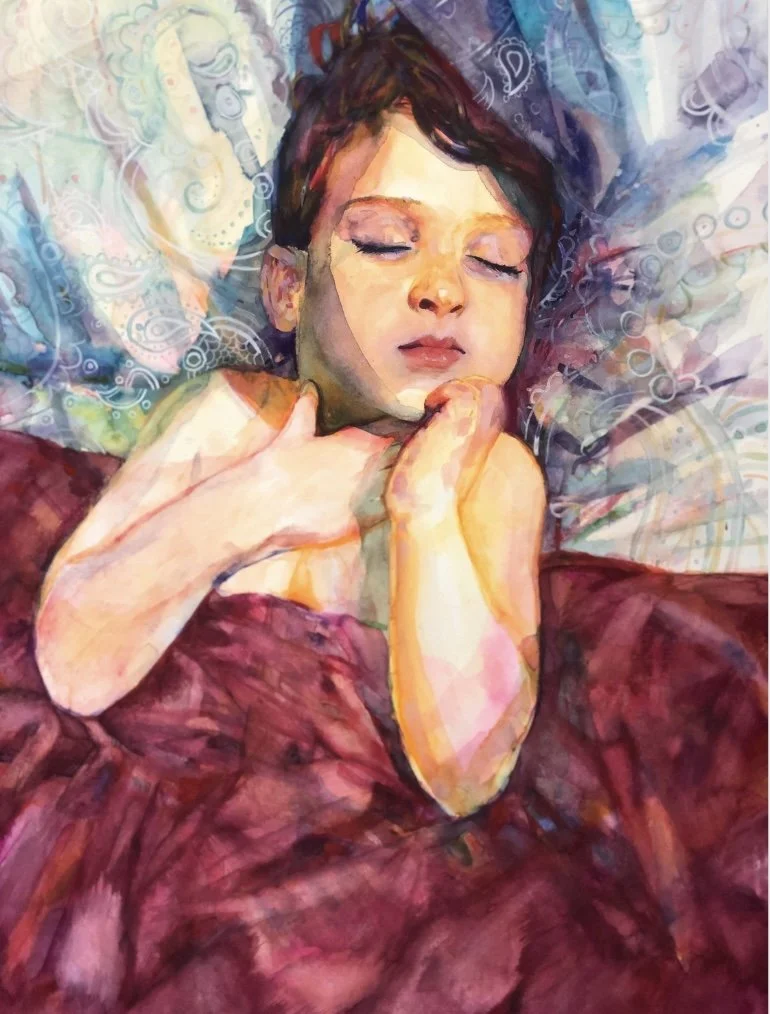 A watercolor painting of a young child with closed eyes, lying on a colorful pillow with a patterned background. The child has dark hair, a peaceful expression, and is partially covered with a maroon blanket.