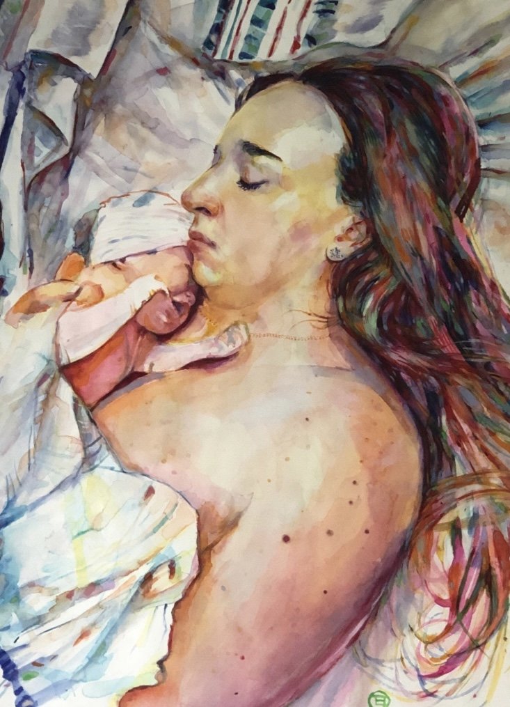 A watercolor painting of a woman with long, wavy hair lying on her side with eyes closed, holding a small newborn baby close to her chest, both wrapped in a blanket, in a tender, peaceful moment.