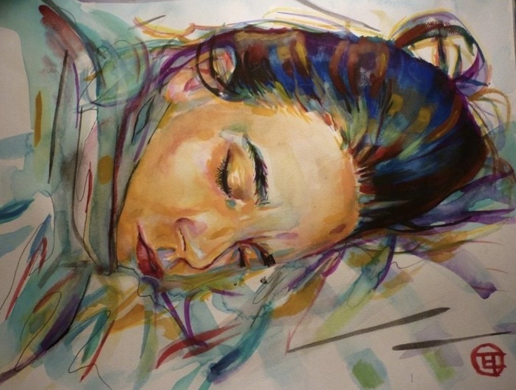 Colorful watercolor painting of a woman sleeping, with her eyes closed and head resting on a surface, surrounded by vibrant brushstrokes.
