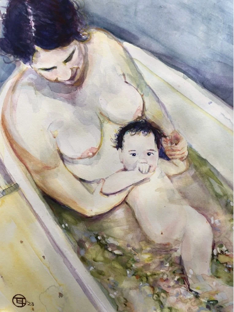 Watercolor painting of a woman holding a baby in a bathtub filled with water and colorful flower petals.