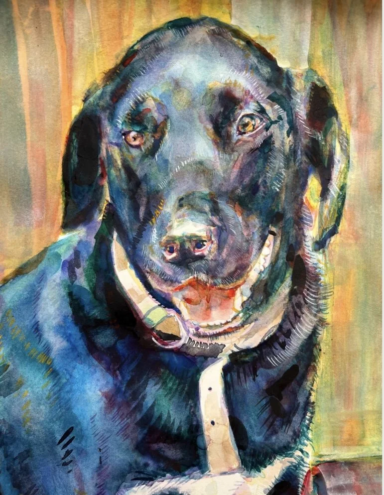 Colorful portrait of a black Labrador retriever dog with a friendly expression, shown from the shoulders up, against a warm, textured background.
