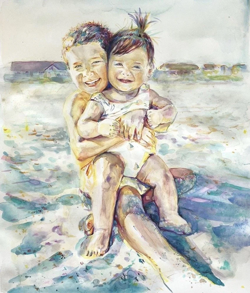 A watercolor-style painting of two children, a boy and a girl, sitting on a rock at the beach, smiling and enjoying the sunny day with houses in the background.
