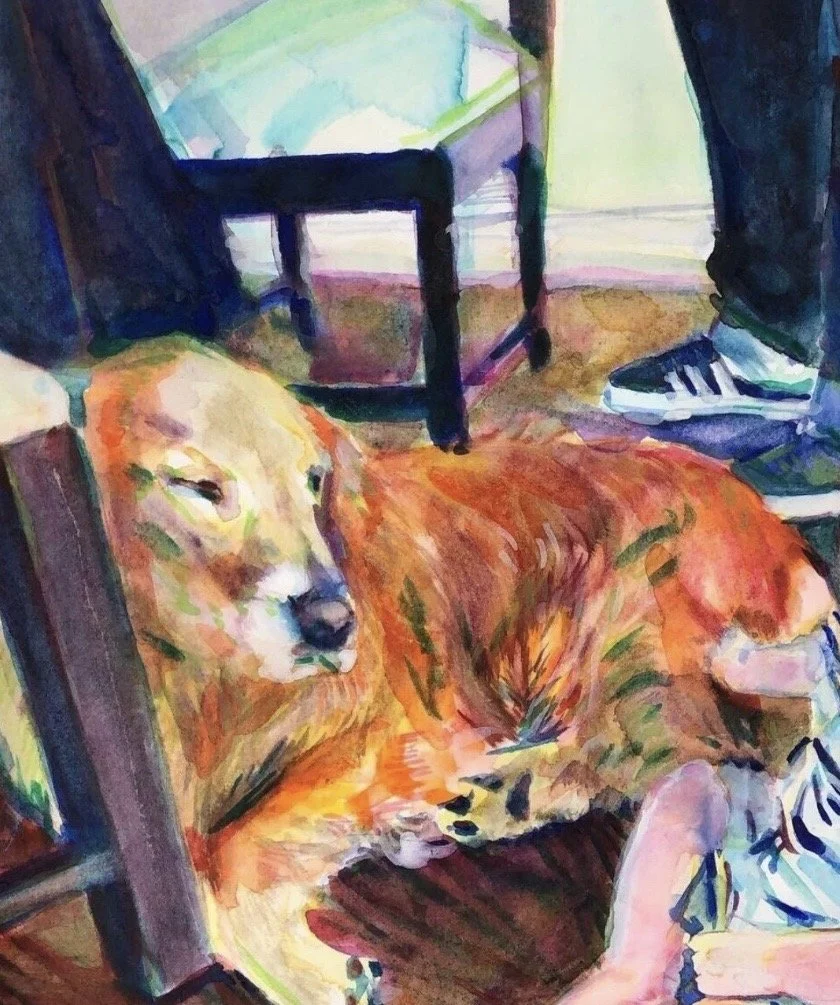 Painting of a golden retriever dog sitting on the floor next to a chair in a room. A person wearing black sneakers is partially visible.