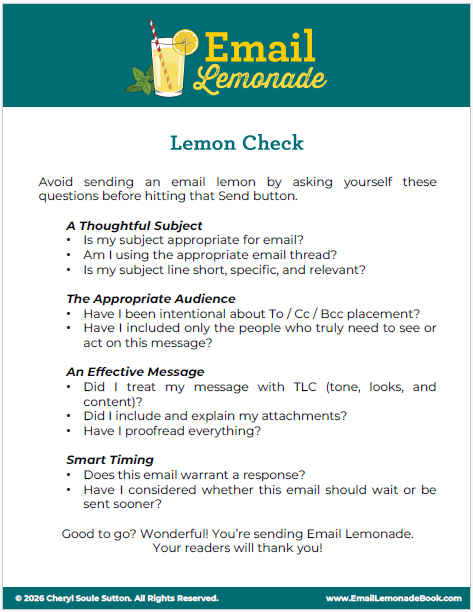 A digital guide titled 'Email Lemonade Lemon Check' with a lemon-themed logo, offering a checklist for email communication to review before hitting Send, including sections on subjects, audience, message effectiveness, and timing.