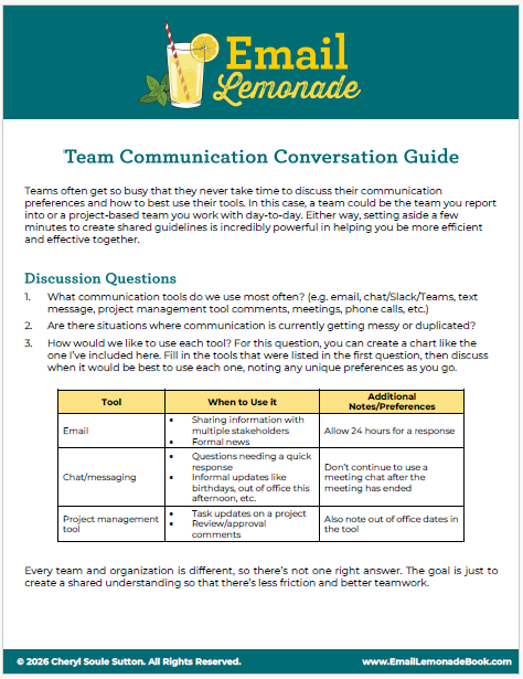 Email Lemonade team communication conversation guide with tools and tips for email, chat/messaging, and project management tools.