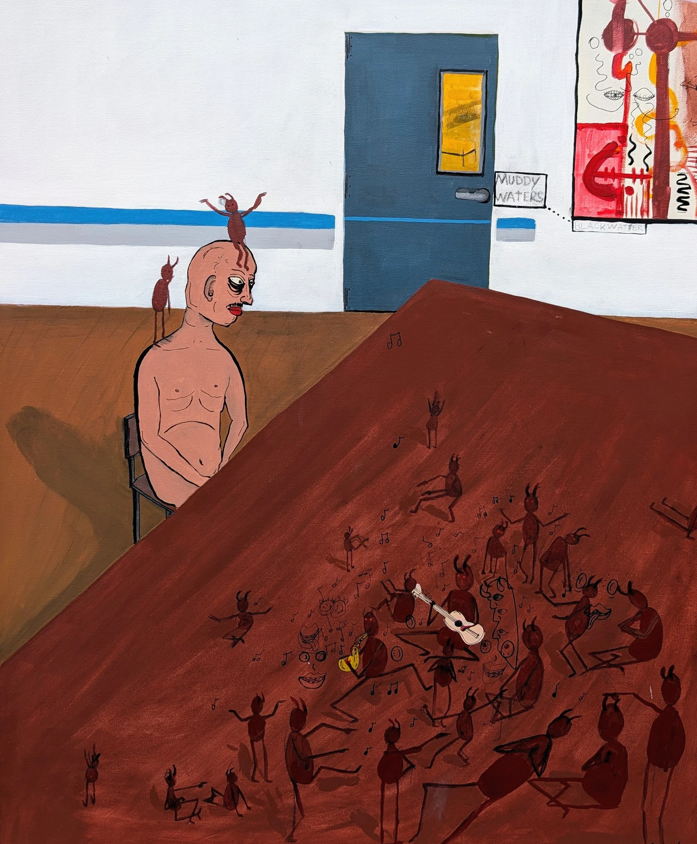 A surreal painting of a bald, shirtless man with makeup sitting at a large table with thousands of small, red, bug-like creatures playing musical instruments and dancing. In the background, there is a blue door, a white wall with colorful abstract ar