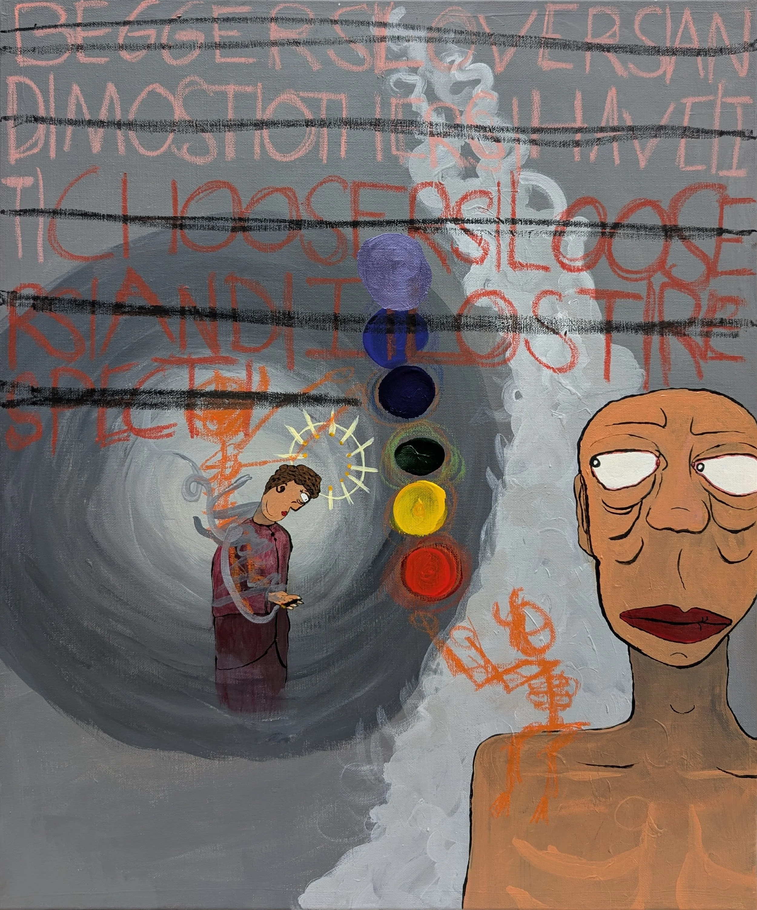 a gray painting giving life to two figures in a pillar of smoke. There are words scribbled out ontop of the upper half of the painting