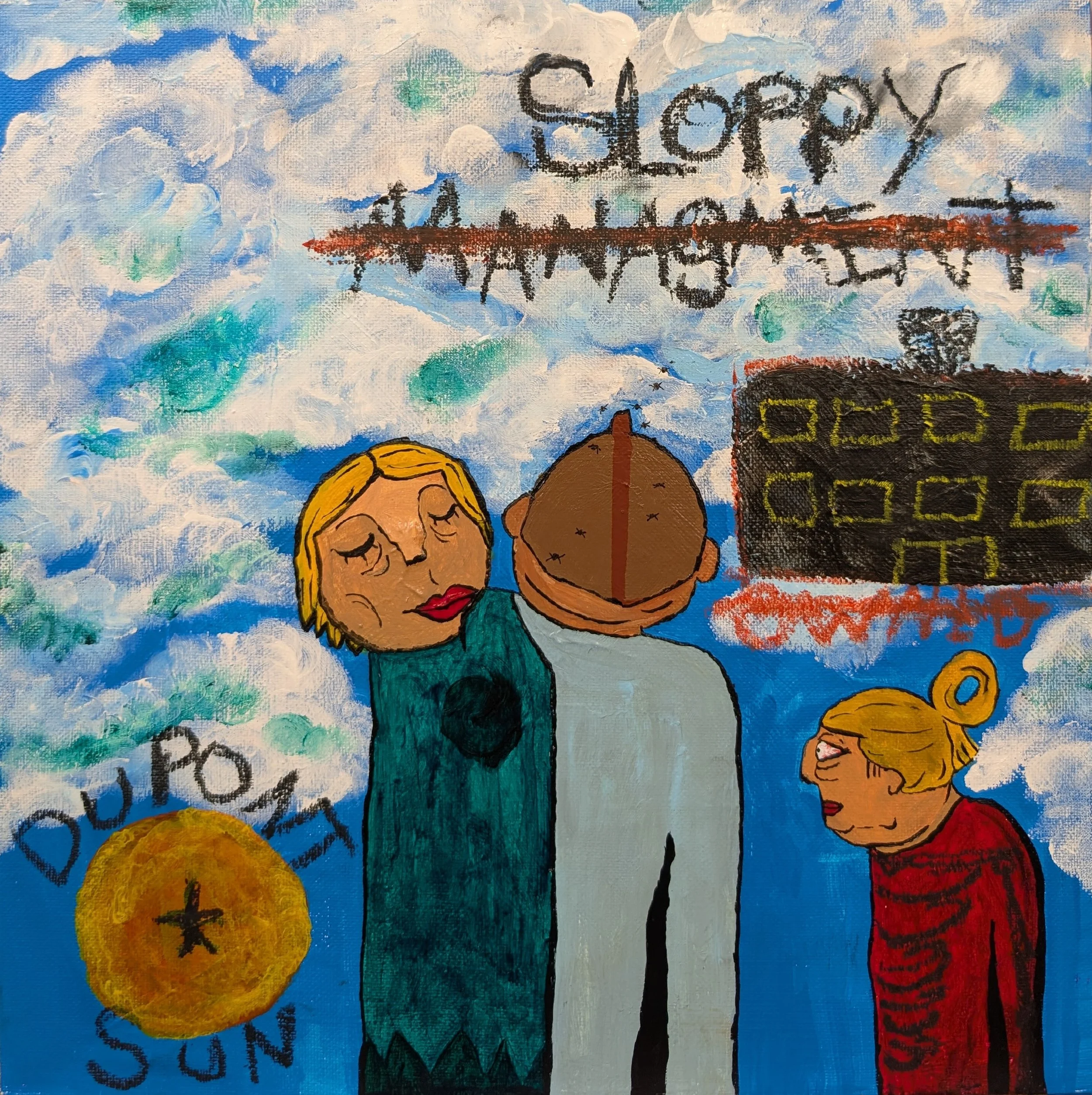 A colorful painting of three people, with two women and one man, standing close together. The woman on the left has blonde hair and red lipstick and appears sad. The man in the center has a shaved head and is turned away. The woman on the right has b