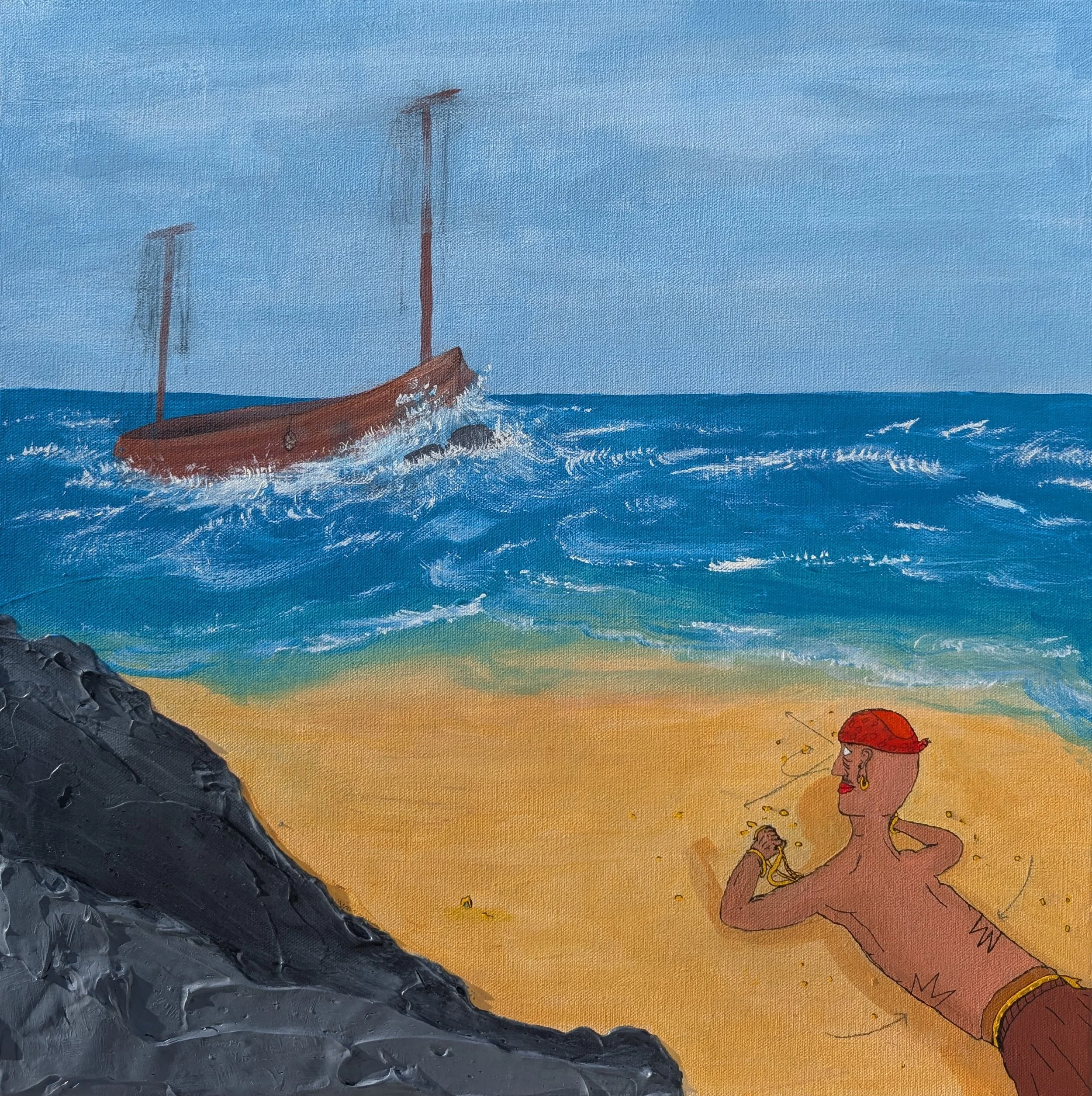 A painting of a beach scene with a woman lying on the sand, wearing a red headscarf and earrings, holding a fishing rod. The ocean has waves, and a ship with two masts is sailing in the distance against a blue sky.