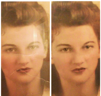 Close-up of a split-screen portrait of a woman with short, curly hair, showing slight changes in facial expression and lighting between the two images.