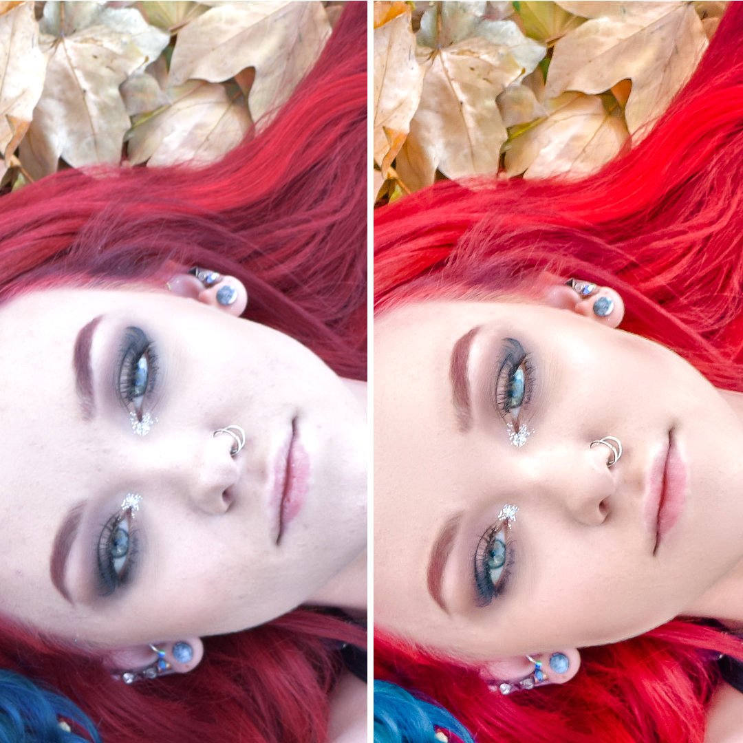A side-by-side comparison of a woman with bright red hair lying on fallen autumn leaves, showing her face with makeup, jewelry, and blue eyes.
