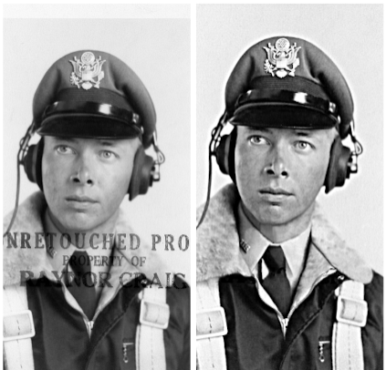 Black and white photos of a man in military uniform and headset, wearing a cap with an emblem, facing forward.