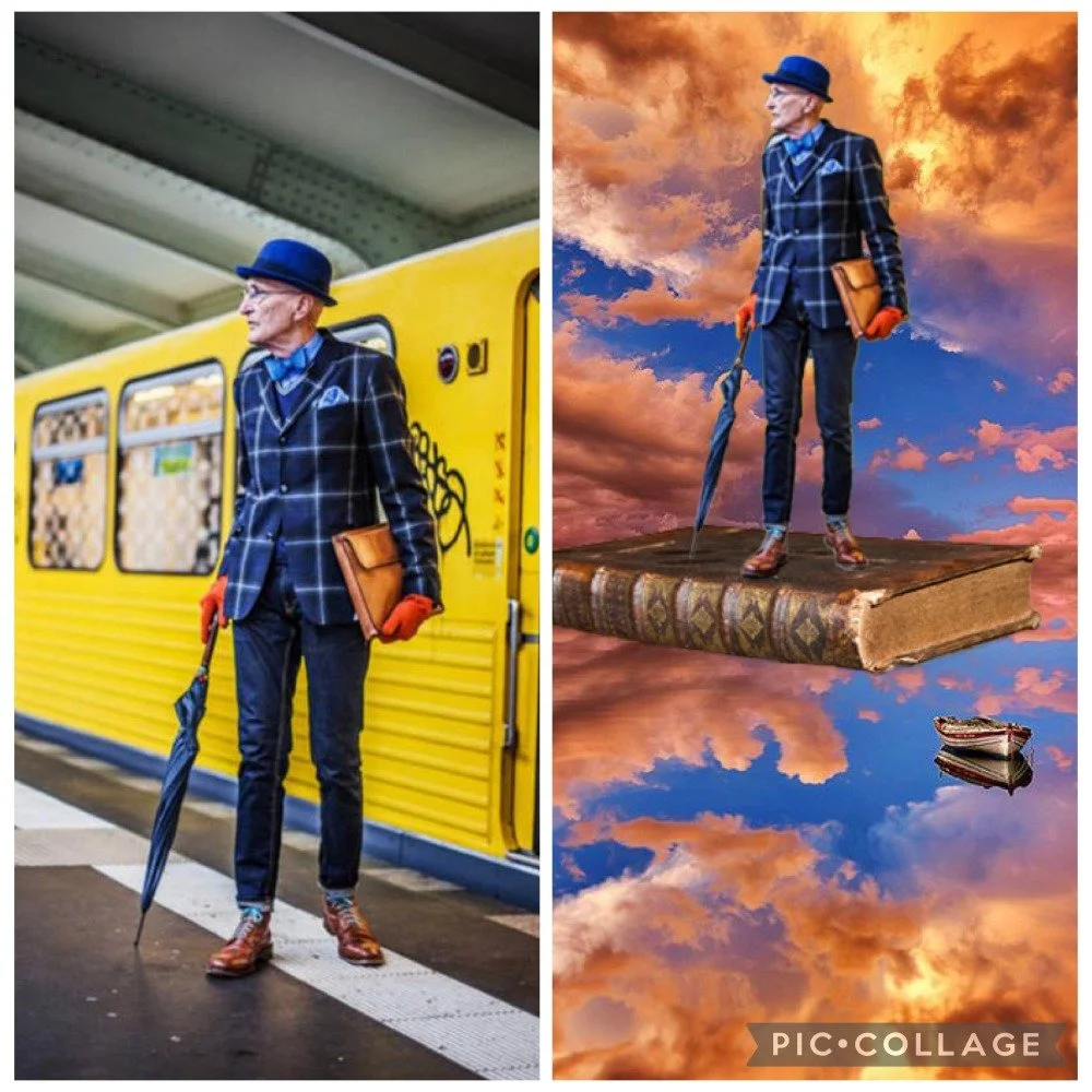 Side-by-side images of an elderly man dressed in a blue checkered suit, blue hat, and orange gloves, holding an umbrella and a vintage brown leather shoulder bag. The left image shows him standing on a train platform with a yellow train in the background. The right image depicts him standing on a magical floating old book, with a sky filled with clouds and two boats reflected on a calm water surface.