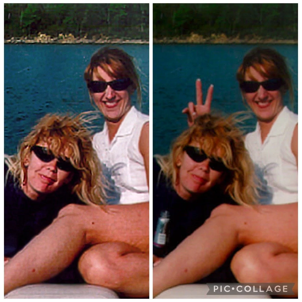 Two women with curly hair and sunglasses smiling outdoors by a body of water, one making a peace sign in a collage.