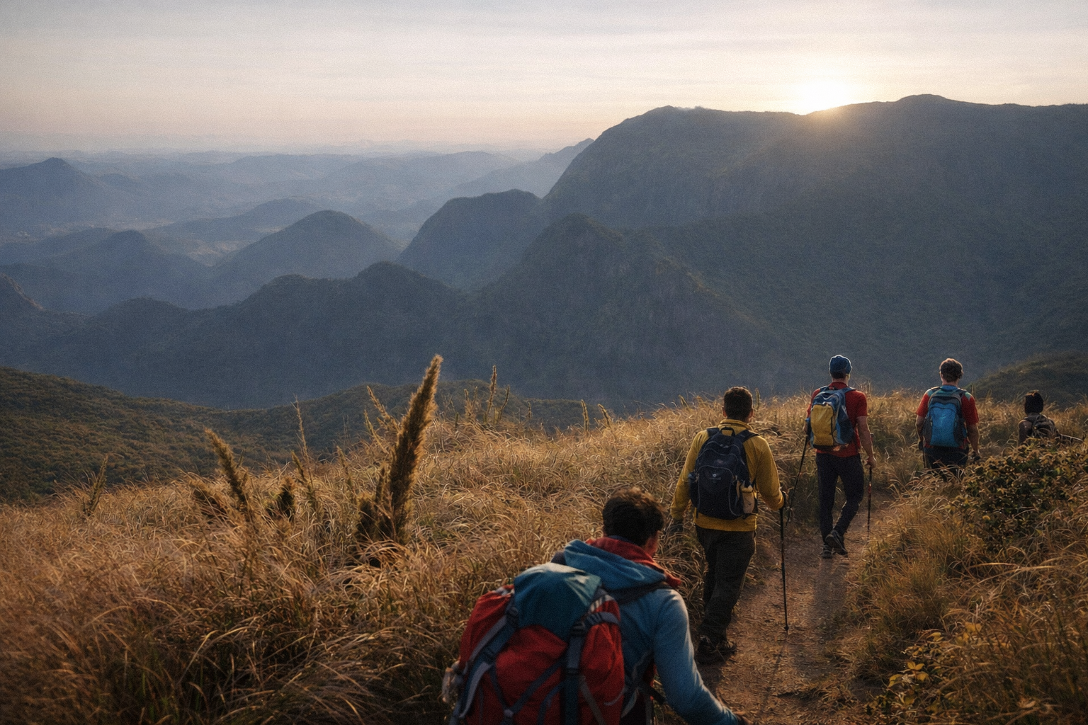 Grupo de pessoas caminhando por uma trilha nas montanhas ao pôr do sol, com os paredões ao fundo.