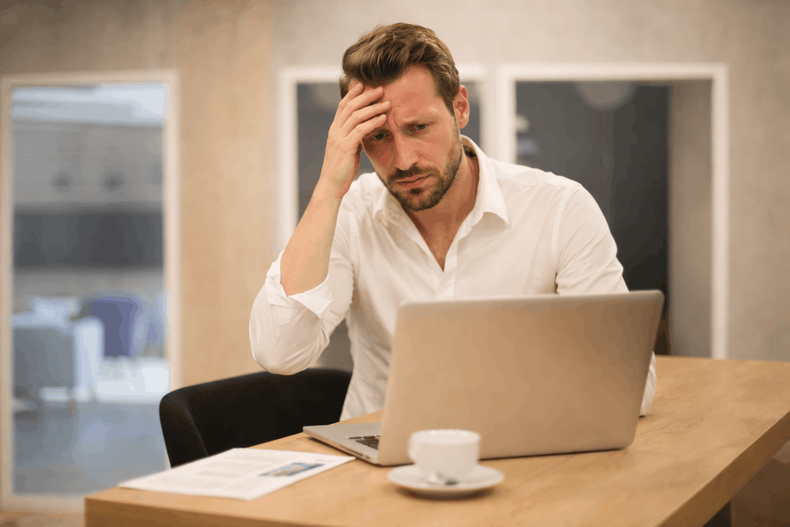 Mann in Weißem Hemd sitzt am Tisch mit Laptop, sieht nachdenklich und gestresst aus.
