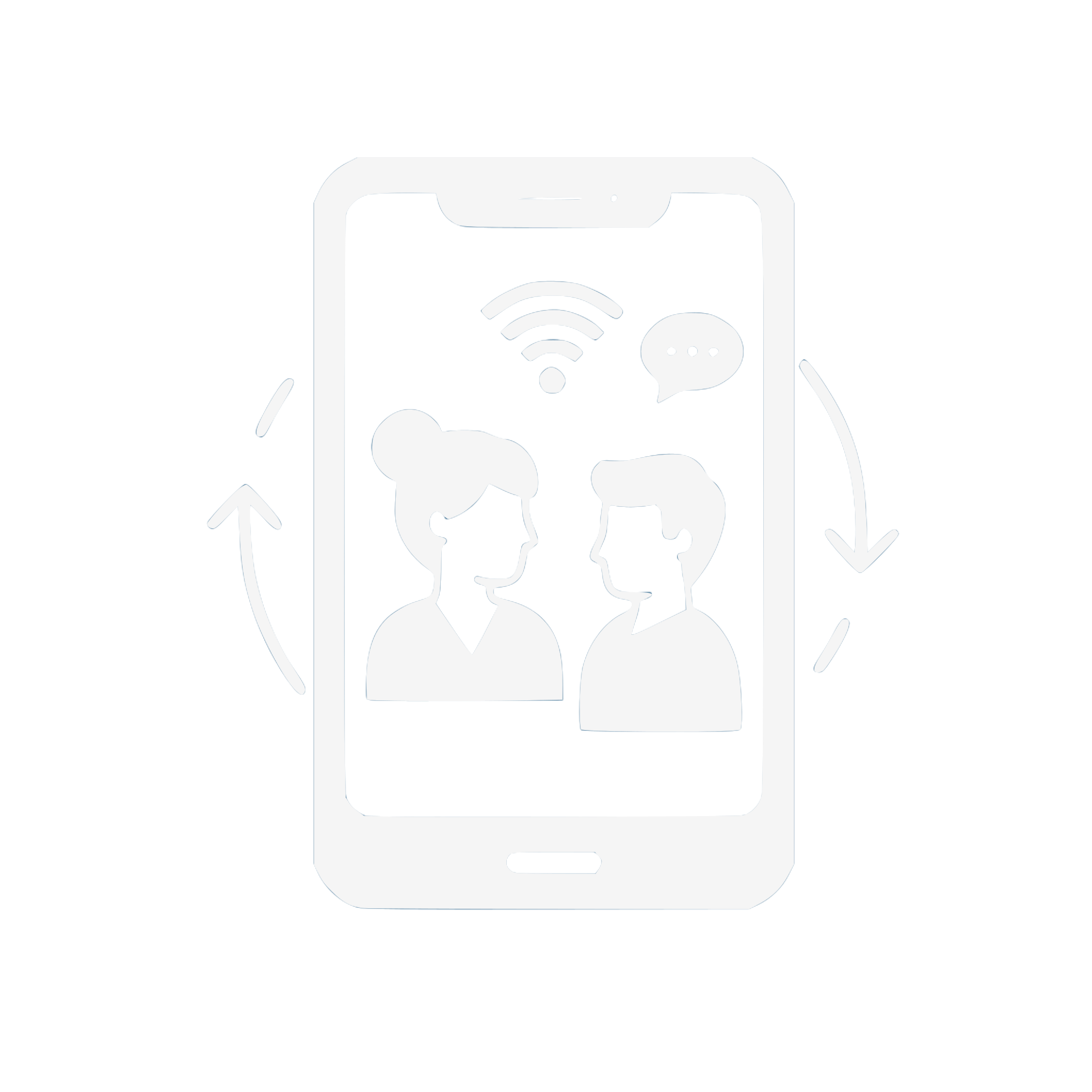 Smartphone screen displaying a woman and man talking, Wi-Fi symbol, and speech bubble, with arrows indicating interaction or connectivity.