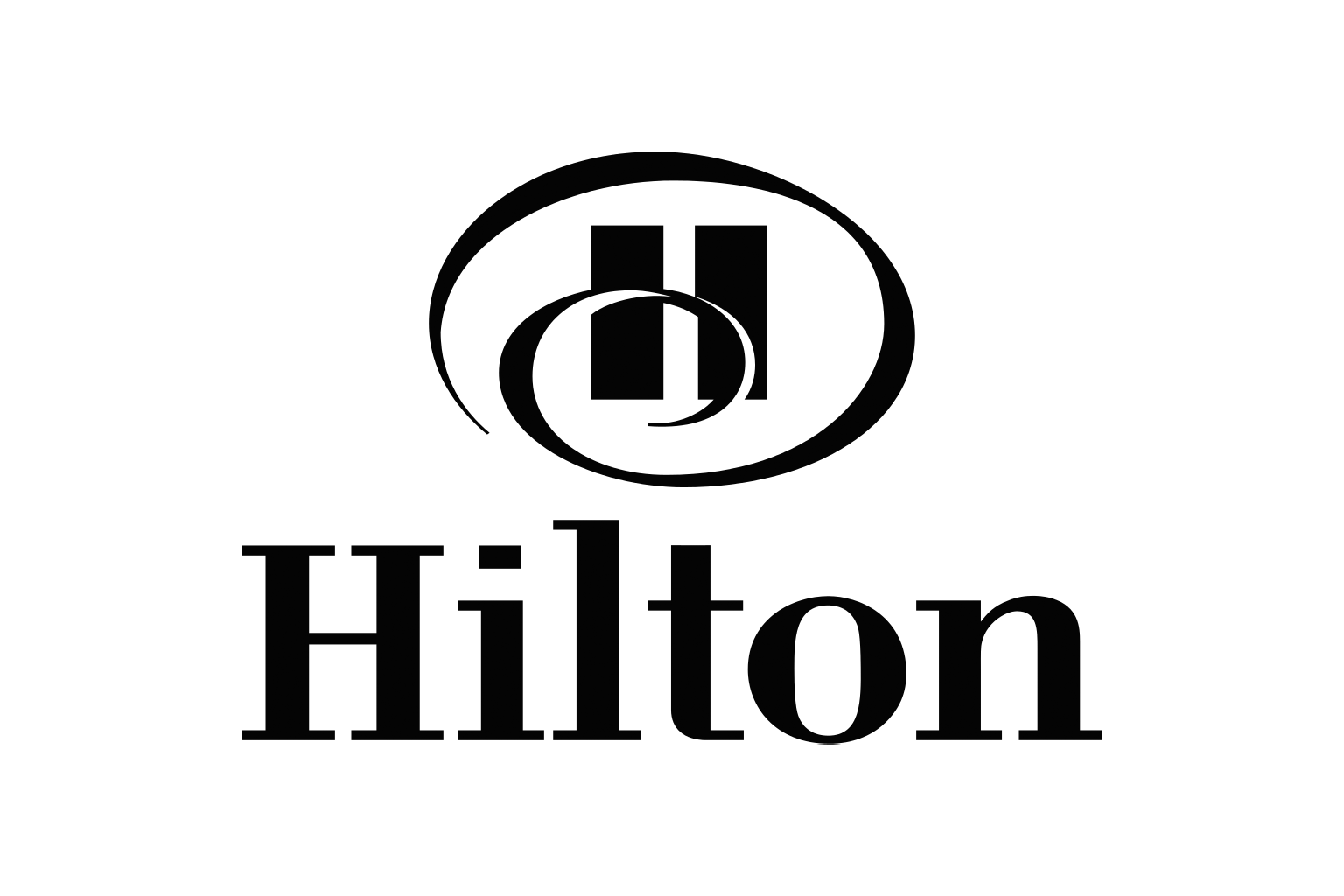 Logotipo da empresa Hilton, composto por uma esfera com uma letra 'H' estilizada no centro e o nome 'Hilton' escrito abaixo.