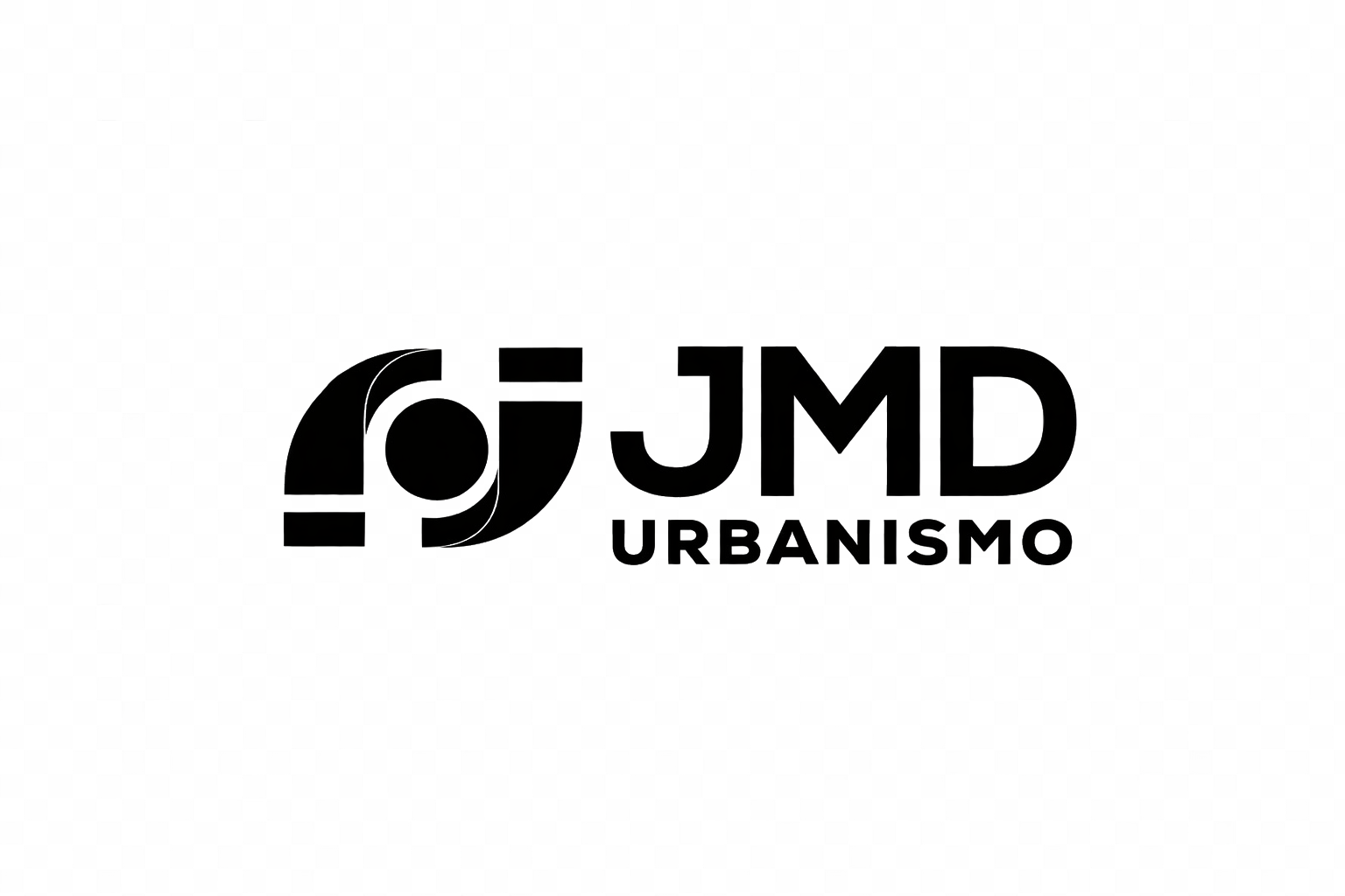 Logotipo em preto com elementos gráficos circulares e o texto 'JMD URBANISMO' ao lado, sobre fundo com padrão quadriculado.