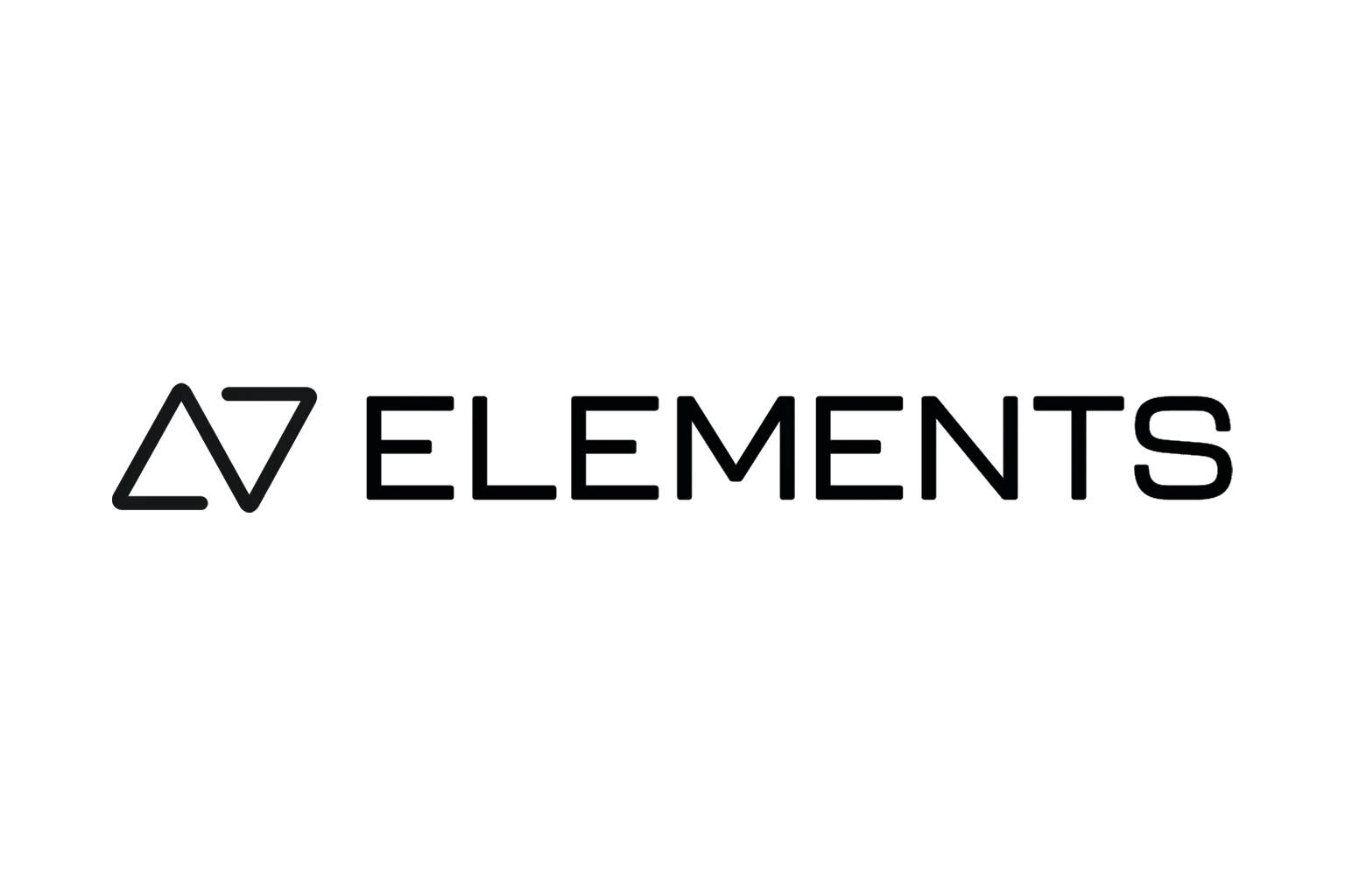 Logotipo da Elements com símbolo geométrico e o nome 'ELEMENTS' em letras pretas.
