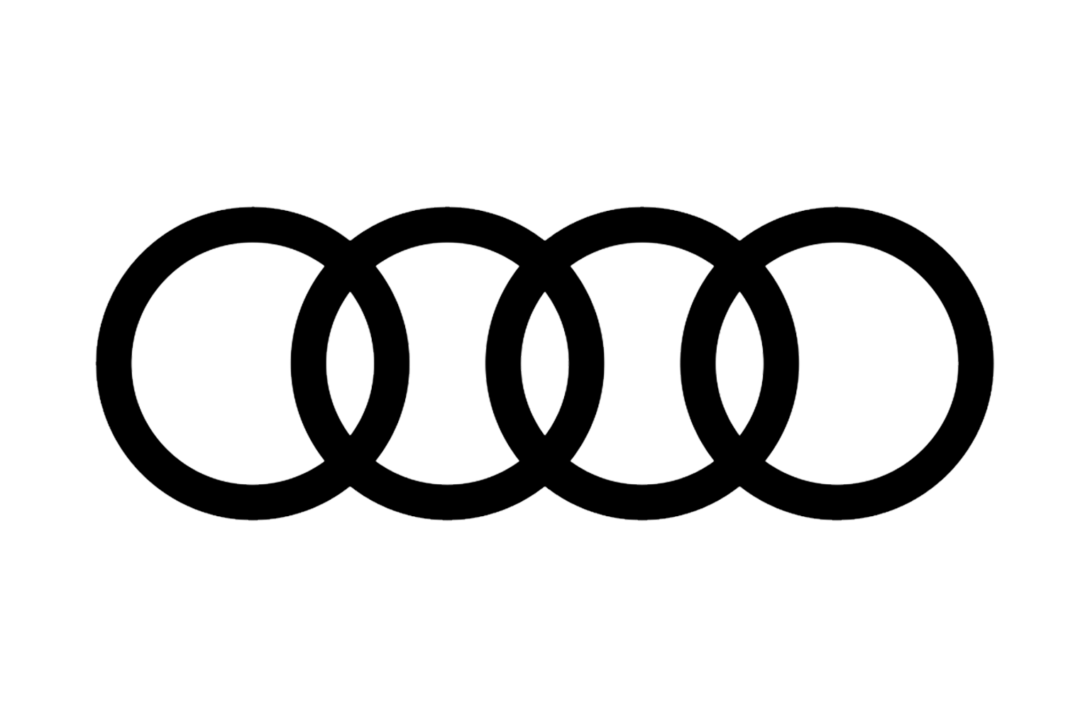 Logotipo em contorno do Audi, marca de carros, com quatro anéis sobre fundo transparente.
