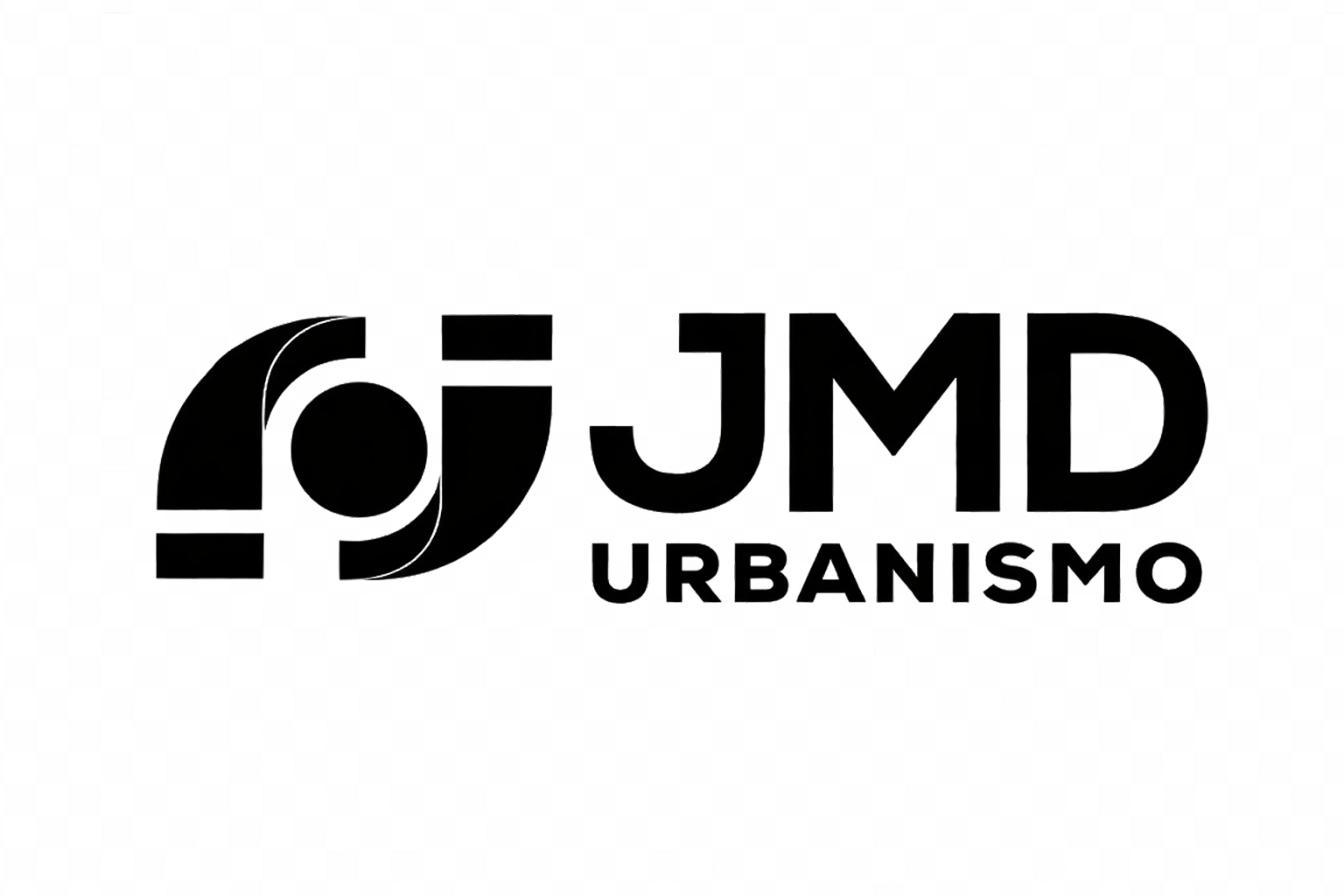 Logotipo do JMD Urbanismo em preto e branco com símbolo circular ao lado do texto