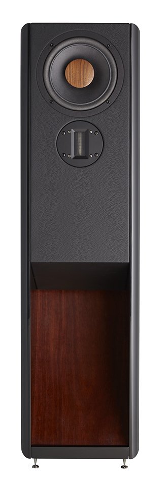 Hochwertiger Lautsprecher mit Holz- und Kunststoffgehäuse, schwarzer Front, moderner Design.